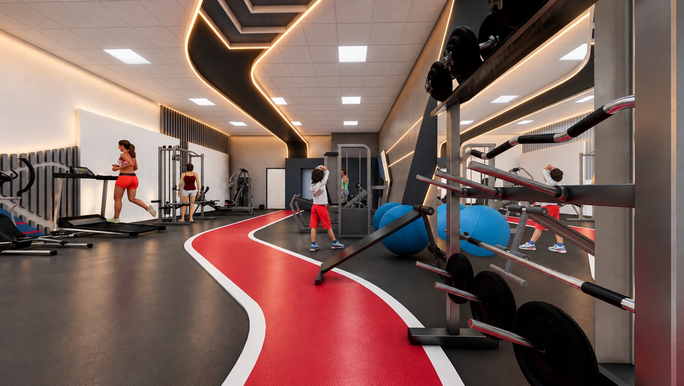 An incredibly lifelike, richly detailed, photorealistic wide-angle interior shot of a luxury women’s fitness club set in a modern, professional wellness facility. The scene is illuminated by a sophisticated dual-layered lighting scheme, creating an energetic yet high-end, comfortable atmosphere. Captured with a professional-grade architectural wide-angle lens, the composition emphasizes the interplay between the crisp 4000K neutral-white light emanating from the 60x60 cm modular ceiling grid—providing optimal, shadow-controlled illumination for the exercise equipment and the vibrant red circulation track—and the warm, 3000K golden linear LED glow concealed along the serpentine, dark-toned ceiling feature that guides the eye through the space. This integration of temperatures creates a balanced, premium contrast: the cool, bright task lighting highlights the sleek, high-tech gym gear, while the soft, warm architectural accents trace the fluid ceiling contours, casting gentle, diffused highlights on the floor and walls. The lighting enhances the tactile quality of the materials, from the smooth matte-black flooring to the metallic sheen of the barbell racks, while realistic, soft-edged shadows define the spatial depth, ensuring the gym feels both spacious and meticulously designed for a refined, professional workout experience.