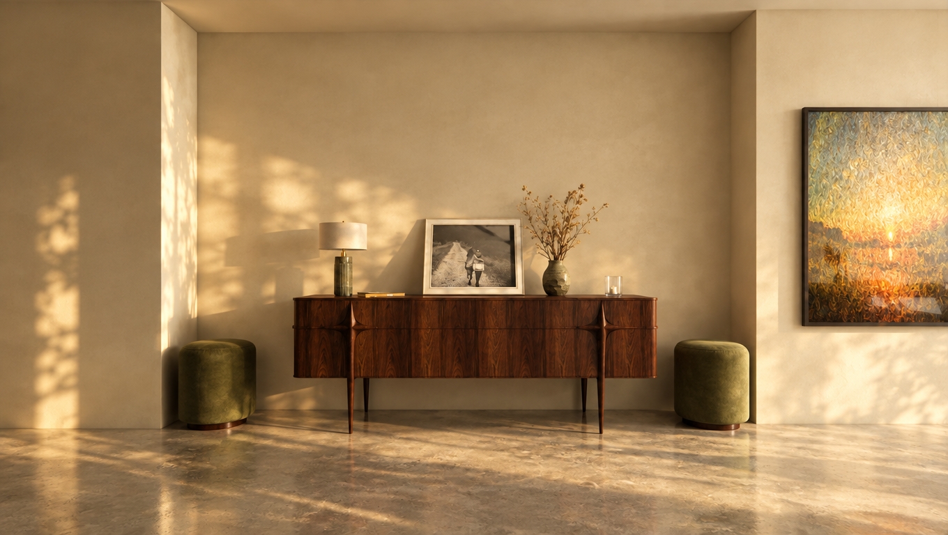 An incredibly lifelike, richly detailed, photorealistic interior shot of a sophisticated mudroom set in an airy, sun-drenched spring midday environment. The scene is illuminated by the soft, diffused glow of golden hour light streaming in, creating a serene and timeless atmosphere. Captured with a 35mm wide-angle lens, the composition emphasizes the clean lines and organic textures of the space, showcasing a stunning mid-century modern teak sideboard as the central anchor. The furniture piece displays a rich, deep walnut grain, perfectly complemented by a curated collection of clutter-free surfaces featuring a photography book, a delicate vase of dried botanicals, and a minimalist table lamp. Flanking the console are two plush, olive-toned upholstered stools that provide a soft contrast to the smooth, polished concrete flooring. On the adjacent wall, a vibrant abstract art piece brings warmth to the room with its infusion of sun-drenched oranges and muted, calming blues, all set against a backdrop of soft earth-toned plaster walls. The entire aesthetic is quintessentially mid-century, balancing functional design with iconic, sleek silhouettes to create a space that feels both grounded and elegantly uncluttered.