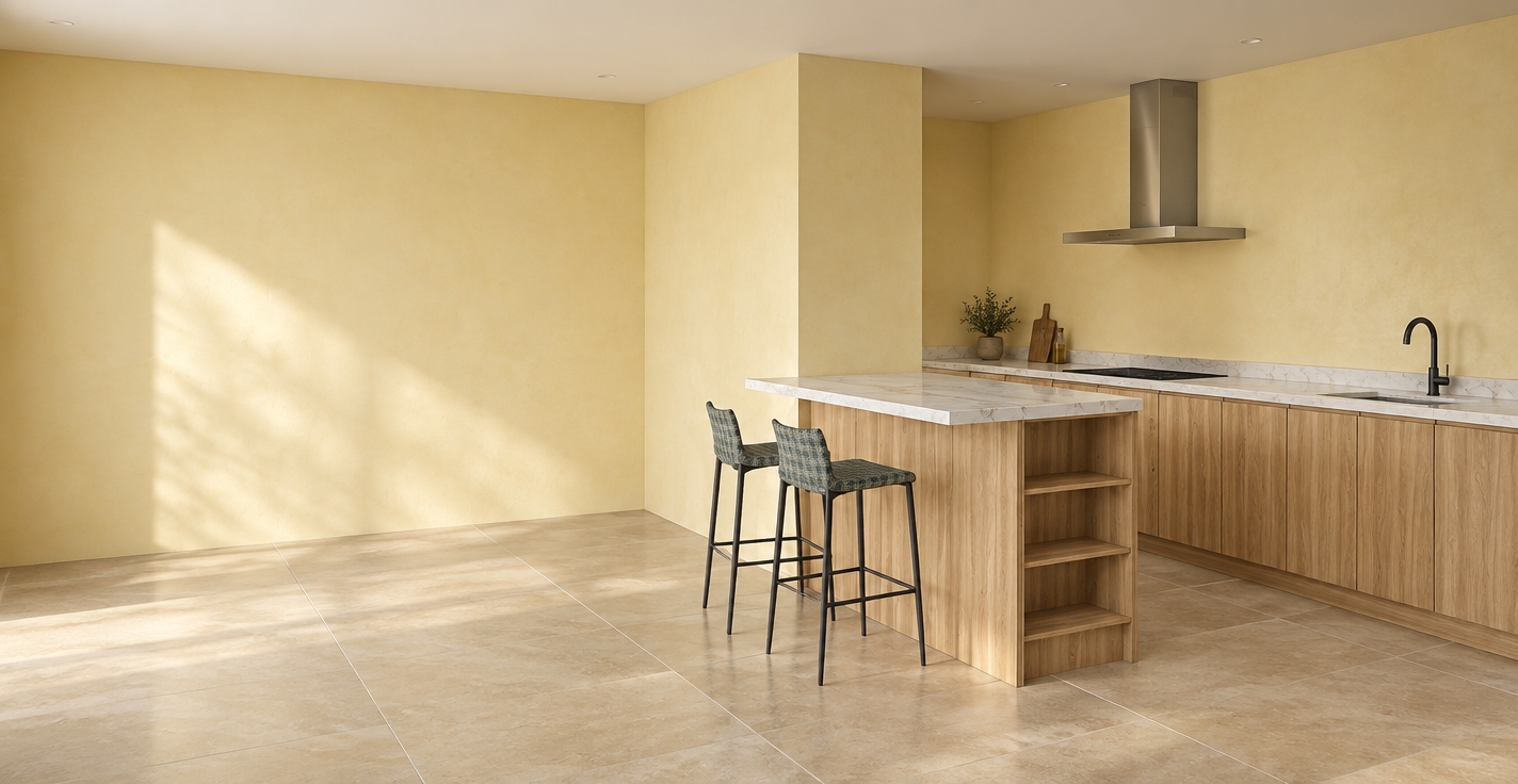 A crisp architectural photograph capturing the exact kitchen layout under soft, natural daylight. The pale yellow walls feature a realistic matte plaster texture, while the floor consists of large beige stone tiles with subtle surface reflections and clean grout lines. The kitchen island and lower base cabinetry show authentic vertical light oak grain, matched with polished white marble countertops that exhibit faint veining. Two slim barstools upholstered in patterned fabric rest beside the island. The brushed stainless steel range hood, dark glass cooktop, and matte black gooseneck faucet display accurate physical reflections and soft contact shadows, captured with neutral color balance and natural depth of field.