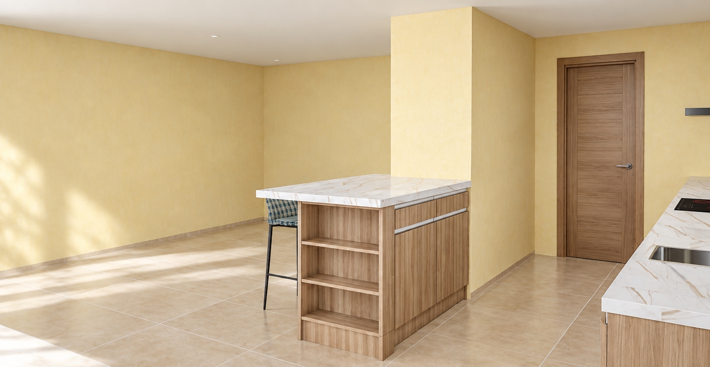 A clean architectural interior photograph preserving the exact framing, layout, and perspective under bright, diffuse natural daylight. The pale yellow walls feature a delicate matte plaster finish, while the floor consists of realistic beige ceramic tiles with subtle grout lines and gentle reflections. The kitchen island and door display authentic light-oak wood grain beneath a polished white marble countertop with subtle veining. Soft, natural ambient light fills the space, producing gentle contact shadows, nuanced surface roughness, and photorealistic depth across all existing materials.
