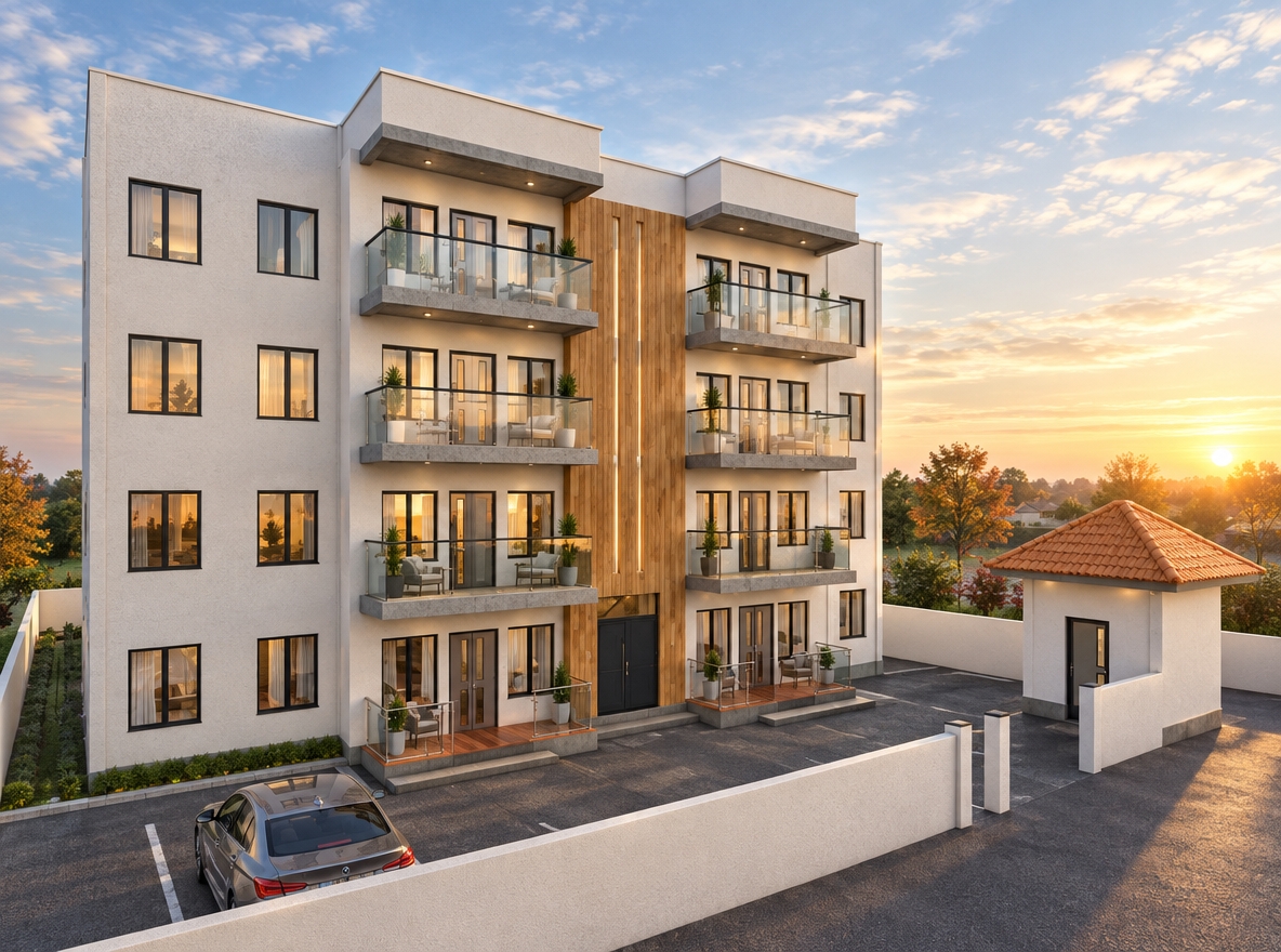 An incredibly lifelike, richly detailed, photorealistic eye-level exterior shot of a contemporary multi-story apartment complex set in a quiet urban neighborhood during a crisp autumn sunrise. The scene is illuminated by the soft, golden-hued morning light, which casts long, gentle shadows across the meticulously paved asphalt parking lot, creating a warm and inviting atmosphere. Captured with a 35mm wide-angle lens, the image emphasizes the building’s sophisticated material palette, contrasting the clean, matte-white stucco facade with vertical panels of warm-toned cedar wood cladding that define the central circulation core. Each balcony features seamless glass balustrades with polished concrete headers, reflecting the early morning sky, while the window glazing catches the first rays of the sun with subtle, amber-toned reflections. In the foreground, a modern sedan is parked neatly on the textured grey asphalt, complementing the quiet, orderly landscape, while to the right, a matching security guardhouse with a soft peach-tiled roof anchors the gated entrance. The surrounding white masonry walls define the property boundary, and the entire composition exudes a sense of contemporary elegance, with the crisp, cool-toned sky providing a stunning contrast to the warm, glowing textures of the building’s facade.
