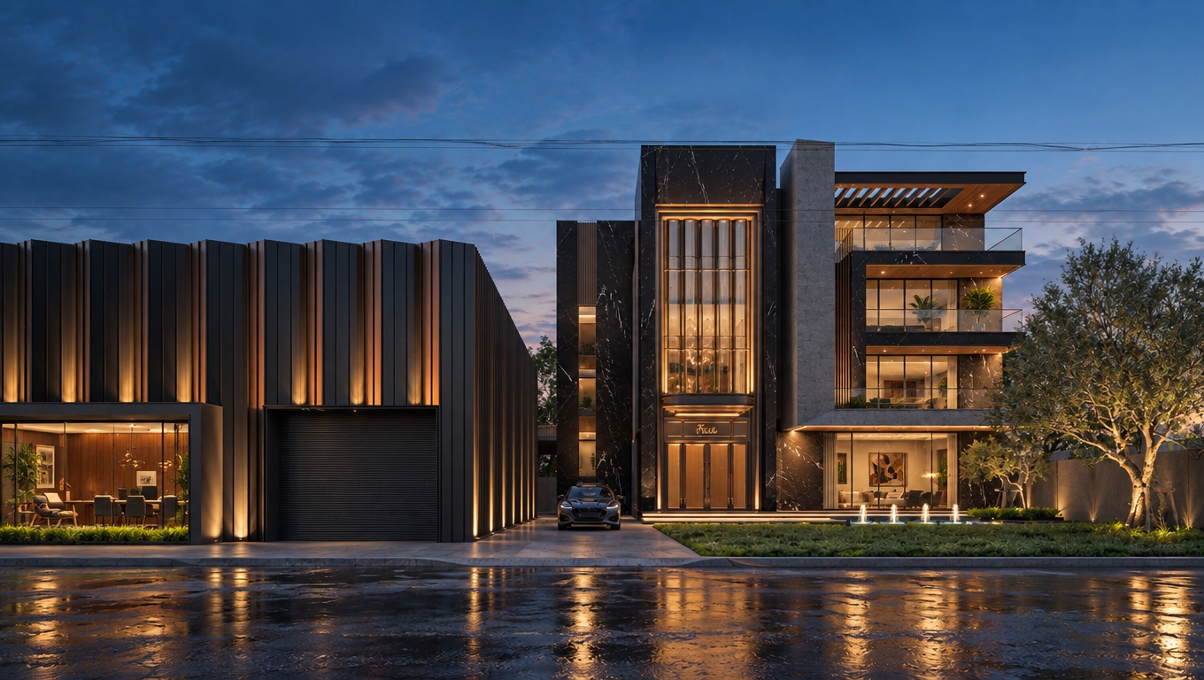An incredibly lifelike, richly detailed, photorealistic wide-angle exterior shot of a sophisticated contemporary estate set in a quiet, twilight suburban environment. The scene is illuminated by warm, recessed architectural lighting that contrasts beautifully with the cool, deep blues of the dusk sky, creating a serene and luxurious atmosphere. Captured with a 35mm lens, the image emphasizes the sharp textures of polished black marble cladding and corrugated charcoal steel panels.

The design seamlessly blends functional modernism with organic touches. To the left, a sleek home office workspace is visible through floor-to-ceiling glass, showcasing a clutter-free interior adorned with rich teak and walnut wood tones, iconic mid-century modern furniture, and vibrant indoor plants. The main residence features an imposing, linear structure where abstract wall art and deep earth-toned accents peek through the illuminated balcony levels. The grounds are meticulously landscaped with a refined olive tree and subtle water features, while the wet asphalt in the foreground reflects the warm glow of the home's lighting. The composition is masterfully balanced, using the geometric strength of the metal and stone facade to ground the elegant, timeless design, resulting in a composition that feels plucked straight from the pages of an exclusive architecture photography book.