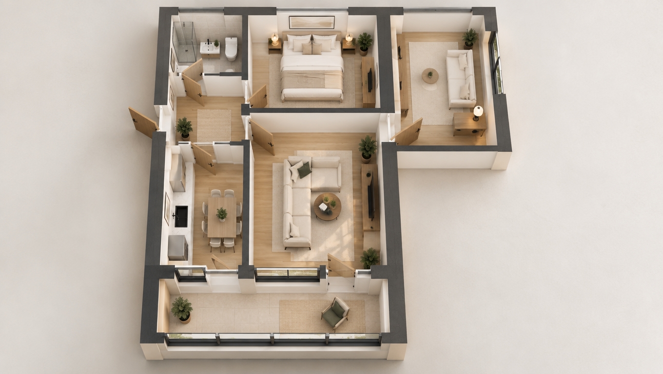 Redesign this room in a sophisticated modern minimalist interior style inspired by high-end contemporary San Francisco apartments. Preserve the existing room's exact architecture, dimensions, walls, windows, doors, ceiling height, and camera perspective. Do not change the structural layout.
Use a clean warm-white color palette with soft off-white walls and ceiling. Add natural light warm oak / walnut wood elements for warmth and contrast. Use matte black accents for lighting fixtures, handles, frames, faucets, and small architectural details.
The overall design should feel bright, spacious, elegant, calm, premium, and uncluttered, with a combination of warm minimalism and contemporary interior design.
Use:
smooth warm-white walls
light natural wood cabinetry and furniture
white or very light stone surfaces
subtle black metal details
large simple mirrors
frameless or thin black-framed glass
minimalist contemporary furniture
a few carefully placed green plants
simple modern artwork
concealed storage wherever possible
warm indirect LED lighting
recessed ceiling spotlights
clean linear lighting
natural daylight coming through windows
Avoid excessive decoration, bright colors, ornate furniture, traditional design, industrial style, dark rooms, or visual clutter.
The final result should look like a real professionally photographed luxury apartment, not a 3D render. Use realistic materials, realistic reflections, natural shadows, accurate proportions, soft daylight, and high-end architectural photography.