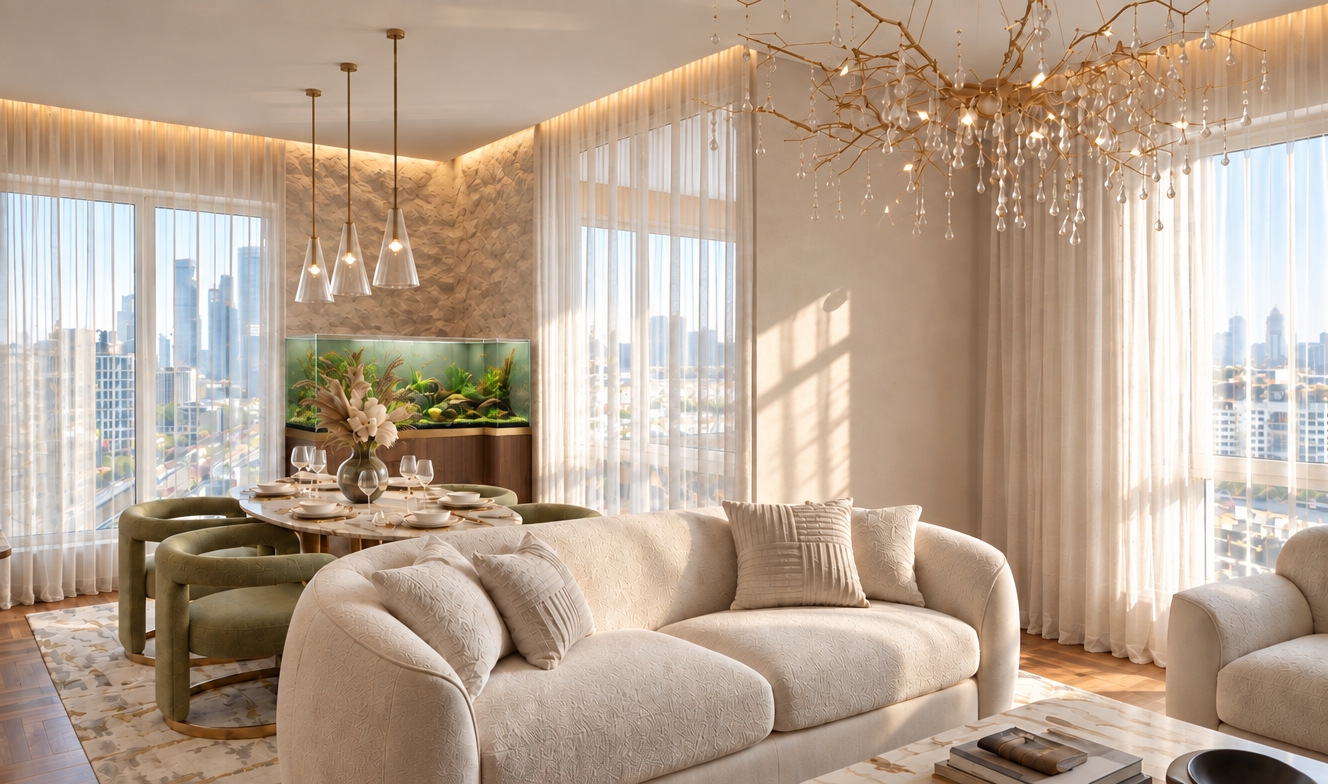 An incredibly lifelike, richly detailed, photorealistic wide-angle interior photograph of an opulent contemporary dining and living area set in a high-rise luxury apartment overlooking a sunlit city skyline. The scene is illuminated by gentle late-afternoon sunlight filtering through floor-to-ceiling sheer white drapery and supplemented by warm perimeter cove lighting and the soft glow of glass pendants, creating an inviting, peaceful, and elevated atmosphere. Captured with a full-frame architectural camera and a 28mm tilt-shift lens, emphasizing the tactile plaster stone-textured accent wall, rich natural wood grains, and crystalline light fixtures. 

Retaining the room’s exact layout, expansive windows, and sophisticated warm cream and olive-green palette, the corner display is reimagined with a sleek, minimalist rectangular rimless glass aquarium. Built flush against the chiseled stone feature wall on a bespoke dark walnut and brushed brass console, the crisp geometric lines of the rectangular aquarium provide a structured, elegant contrast to the organic lush aquascape within. Adjacent to it, the rounded dining table with its stone top and curved sage-olive velvet chairs harmonizes effortlessly with the organic curves of the bouclé cream sofa in the foreground, creating a seamless, contemporary sanctuary of refined elegance.