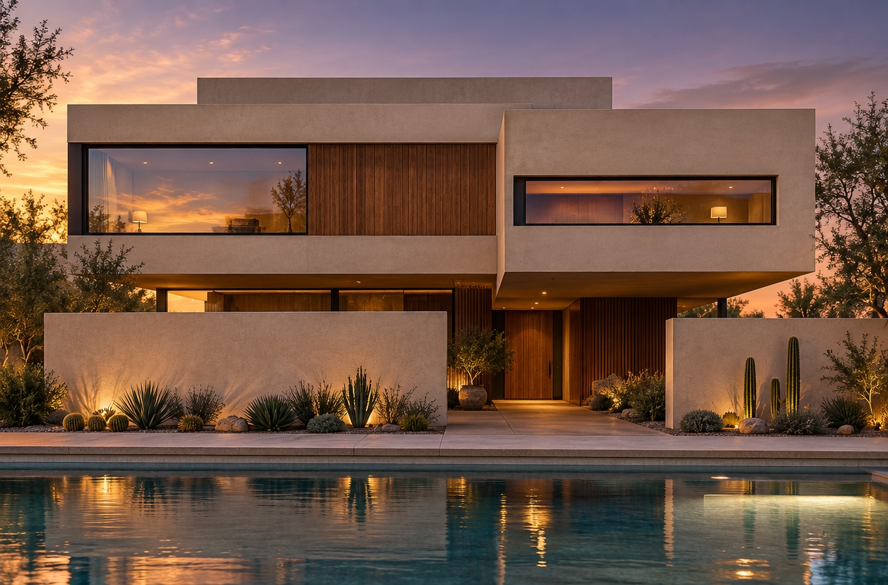 An incredibly lifelike, richly detailed, photorealistic architectural photo of a modern desert retreat set in an arid, sun-drenched landscape. The scene is illuminated by the soft, golden hues of a setting sun, creating a tranquil, warm, and sophisticated atmosphere. Captured with a wide-angle tilt-shift lens to maintain perfectly vertical lines, the composition emphasizes the interplay between the crisp, geometric volumes of the building and the organic, soft textures of the surrounding desert flora.

The architectural design is a masterclass in modern Southwestern minimalism. The structure features bold, cantilevered white stucco volumes contrasted against warm, natural accents of textured, vertical-grain cedar siding. The facade is defined by deep, pared-down surfaces that play with light and shadow, characteristic of high-end desert architecture. The exterior walls utilize a refined, earthy palette of warm neutrals—sand, beige, and terracotta undertones—that reflect the heat and harmonize with the desert environment.

The composition centers on a balanced, symmetrical approach, with a private courtyard framed by solid perimeter walls that provide both privacy and a sense of enclosure. A sleek, linear swimming pool occupies the foreground, its reflective surface acting as a mirror for the house and the twilight sky, which transitions from deep azure to violet hues. To the sides, the landscaping is thoughtfully curated, featuring sculptural cacti, resilient succulents, and dense, lush greenery that softens the brutalist edge of the concrete and stucco elements.

The entryway is marked by a recessed, shaded path, hinting at a connection to an interior filled with rustic wooden furniture and artisanal adobe textures. The overall design prioritizes human scale, using clean, horizontal lines and wide-format glazing to invite the exterior landscape into the living space. Every element, from the smooth, sand-colored walkways to the subtle LED recessed lighting tucked beneath the eaves, contributes to a serene, meditative experience, echoing the pages of a high-end architectural photography book.
