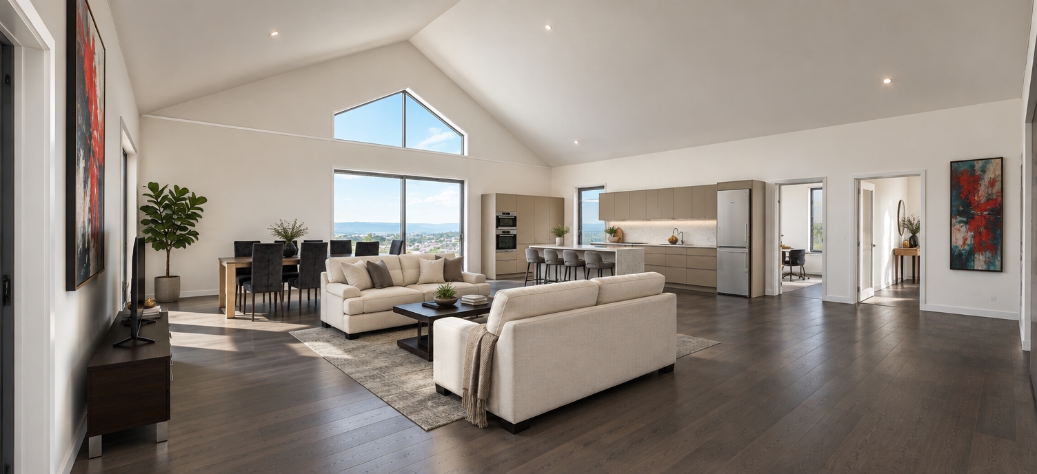An incredibly lifelike, richly detailed, photorealistic wide-angle interior photograph of an expansive open-concept living space set in a sophisticated urban residence. The scene is illuminated by soft, diffused natural light pouring in from the soaring gable-end windows, creating a bright, airy, and serene atmosphere. Captured with a 24mm wide-angle lens, the composition emphasizes the clean lines of the vaulted ceilings and the seamless flow between the charcoal-toned oak flooring and the crisp, gallery-white walls. In the foreground, plush, cream-colored modular sofas are arranged around a low-profile geometric coffee table, contrasting beautifully with sleek, industrial-inspired accents like matte black metal frames and warm wooden shelving. The kitchen area features smooth, handleless cabinetry in a subtle taupe, accented by polished metallic fixtures and a modern breakfast bar, while a nearby dining space is anchored by bold, high-backed chairs in charcoal velvet. Abstract, oversized wall art with vibrant pops of crimson and deep teal injects dynamic energy into the minimalist aesthetic, complemented by the presence of a lush, architectural fiddle-leaf fig tucked into a corner. The overall aesthetic is a masterclass in modern fusion, where the warmth of natural wood textures perfectly balances the sharpness of contemporary industrial finishes, resulting in a space that feels both impressively vast and intimately curated.