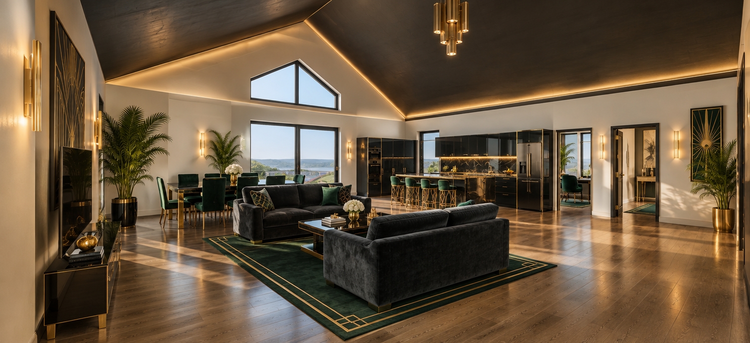 An incredibly lifelike, richly detailed, photorealistic wide-angle interior shot of a grand open-concept living area set in a luxury Art Deco-inspired residence. The scene is illuminated by soft, natural light spilling through the vaulted windows, balanced by the warm, ambient glow of bespoke gold-leaf sconces, creating a sophisticated and glamorous atmosphere. Captured with a 24mm tilt-shift lens, emphasizing the crisp contrast between matte black velvet upholstery and high-gloss lacquered surfaces.

The expansive space is defined by bold, geometric lines and a opulent color palette of midnight black, burnished gold, and rich emerald jewel tones. The central seating area features plush, symmetrical sofas upholstered in charcoal velvet, grounded by a statement coffee table with polished brass inlay and mirrored edges. The kitchen island serves as a sculptural anchor, finished in sleek black lacquer with gilded hardware, flanked by bar stools featuring intricate, ornamental metalwork. Graphic, oversized Art Deco wall art commands attention above the minimalist entertainment console, while strategically placed, lush tropical palms add a vibrant, organic depth to the corners. The wide-plank oak flooring reflects the subtle interplay of light, enhancing the sense of extravagant volume beneath the dramatic vaulted ceiling, where every element—from the streamlined cabinetry to the polished surfaces—exudes a timeless, chic aesthetic.
