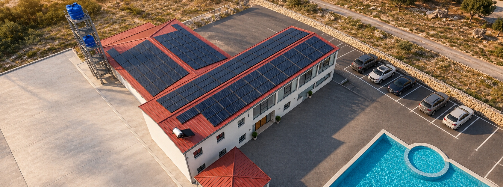 An incredibly lifelike, richly detailed, photorealistic aerial drone shot of a contemporary Mediterranean villa set in a serene, sun-drenched landscape. The scene is illuminated by the golden, long-shadowed light of late afternoon, creating a serene and high-end atmosphere. Captured with a wide-angle 24mm lens, emphasizing the crisp contrast between the industrial-style red standing-seam metal roof—studded with sleek, high-efficiency solar arrays—and the clean, minimalist white stucco facade. To the left, the natural terrain has been replaced by a smooth, expansive architectural concrete slab, providing a clean transition to the outdoors, while the right side of the property has been transformed into a neatly organized, paved parking area for vehicles, replacing the former olive grove. The composition is balanced and sharp, showcasing the interplay between the deep blue, shimmering water of the adjacent swimming pool and the textured, geometric lines of the building’s footprint. The metallic water tower remains a striking industrial accent, standing as a testament to the home's off-grid, self-sustaining functionality.