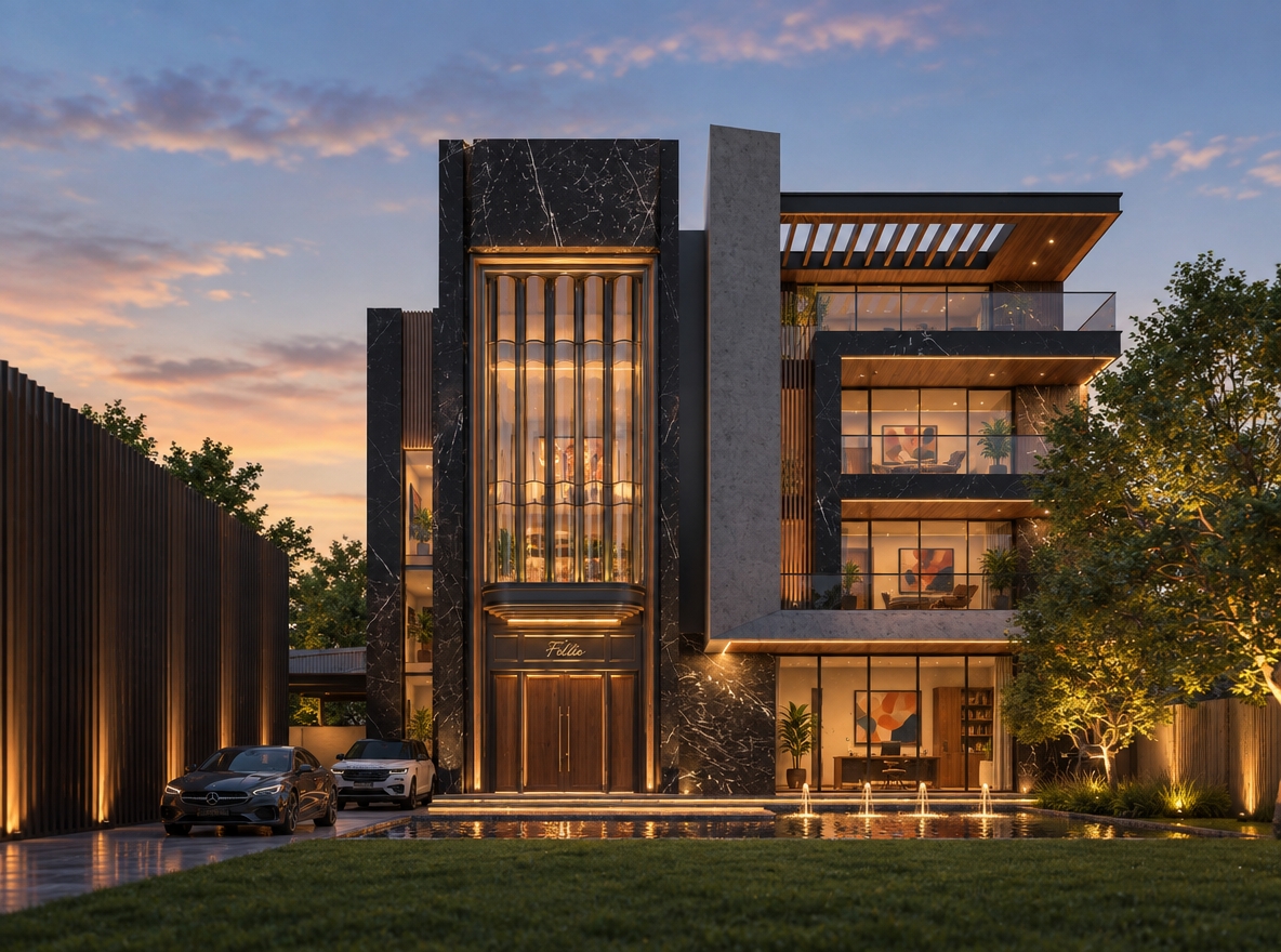 An incredibly lifelike, richly detailed, photorealistic architectural perspective of a contemporary luxury residence set in an upscale, twilight-touched suburban enclave. The scene is illuminated by warm, concealed perimeter lighting and soft ambient glow, creating a sophisticated and welcoming atmosphere. Captured with a professional-grade tilt-shift lens, emphasizing the sharp, high-contrast textures of polished black marble cladding and the rhythmic verticality of the fluted metal window bay.

The architecture masterfully blends sleek, linear modernism with organic warmth, featuring deep-grained walnut accents and floating terraces that evoke the spirit of timeless mid-century design. Inside, visible through the expansive glass, curated home office spaces are organized with uncluttered, functional precision, highlighting teak cabinetry and minimalist decor. Abstract wall art in curated earth tones, oranges, and muted blues provides a vibrant contrast against the dark facade, while strategic indoor plants soften the edges of the interior. The composition is grounded by a manicured lawn and a serene water feature, with the reflection of the home’s golden lighting shimmering off the pool, cementing an aesthetic that is both iconic and comfortably residential.