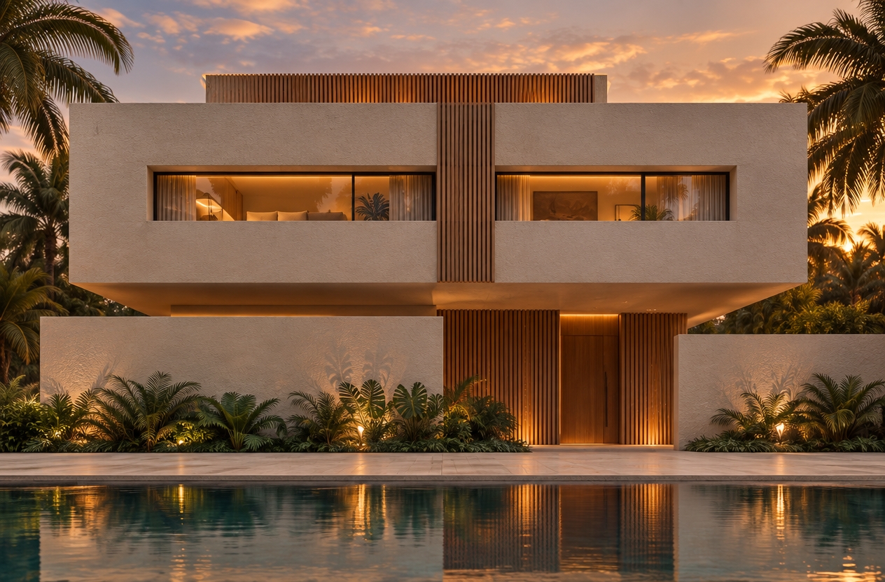 An incredibly lifelike, richly detailed, photorealistic wide-angle architectural shot of a modern Scandinavian-inspired villa set in a lush tropical oasis at dusk. The scene is illuminated by the soft, golden glow of a setting sun and the warm, ambient amber radiance of recessed architectural lighting, creating a tranquil and serene atmosphere. Captured with a Phase One XF IQ4, 35mm lens, emphasizing the crisp contrast between the matte, off-white textured stucco and the vertical precision of rich, stained-oak wooden slats.
The design is a masterclass in minimalist symmetry. The house features a floating cantilevered upper level that creates a sense of airy weightlessness. The façade is defined by clean, horizontal lines that harmonize with the expansive, glassy surface of a foreground infinity pool, which perfectly mirrors the glowing warmth of the home. The ground level integrates the Scandinavian "hygge" philosophy, with a central wooden entrance that exudes natural warmth against the minimalist concrete enclosure walls.
The composition centers on the interplay between solid and void; the large panoramic windows on the second floor reveal glimpses of soft, plush interior textiles and warm, diffused lighting, suggesting a cozy, lived-in sanctuary. Flanking the entrance are carefully manicured layers of tropical greenery, with oversized fern-like foliage catching the up-lights, casting delicate, organic shadows against the pristine white walls. The landscaping is sparse but intentional, echoing the Scandinavian focus on nature-inspired simplicity.
The exterior walls utilize a fine-grain render that catches the fading light, shifting from cool morning grays to warm evening creams. The wooden slat accents extend from the entryway up to the roofline, providing a rhythmic, textured contrast to the smooth, flat surfaces of the building. The overall effect is one of quiet luxury—a retreat where architectural precision meets the wild, organic beauty of the surrounding palms and twilight sky, resulting in a space that feels both grounded and ethereal.