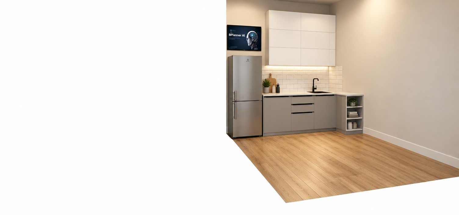 A clean interior photograph of the compact kitchen scene, perfectly retaining the exact layout, geometry, and light neutral color palette. Warm, diffused indoor ambient light softly illuminates the space, casting gentle, realistic contact shadows beneath the cabinets and appliances. The glossy white subway tile backsplash reflects subtle ambient highlights with defined grout lines, while the light wood floor displays authentic grain textures, soft specular sheen, and natural board seams. The refrigerator shows faint brushed-metal reflections, the matte gray lower cabinets and pristine white upper cabinetry have realistic seams and subtle handle hardware finishes, and the matte black faucet stands out with crisp detail against the bright countertop, captured with natural lens depth of field and authentic photographic clarity.