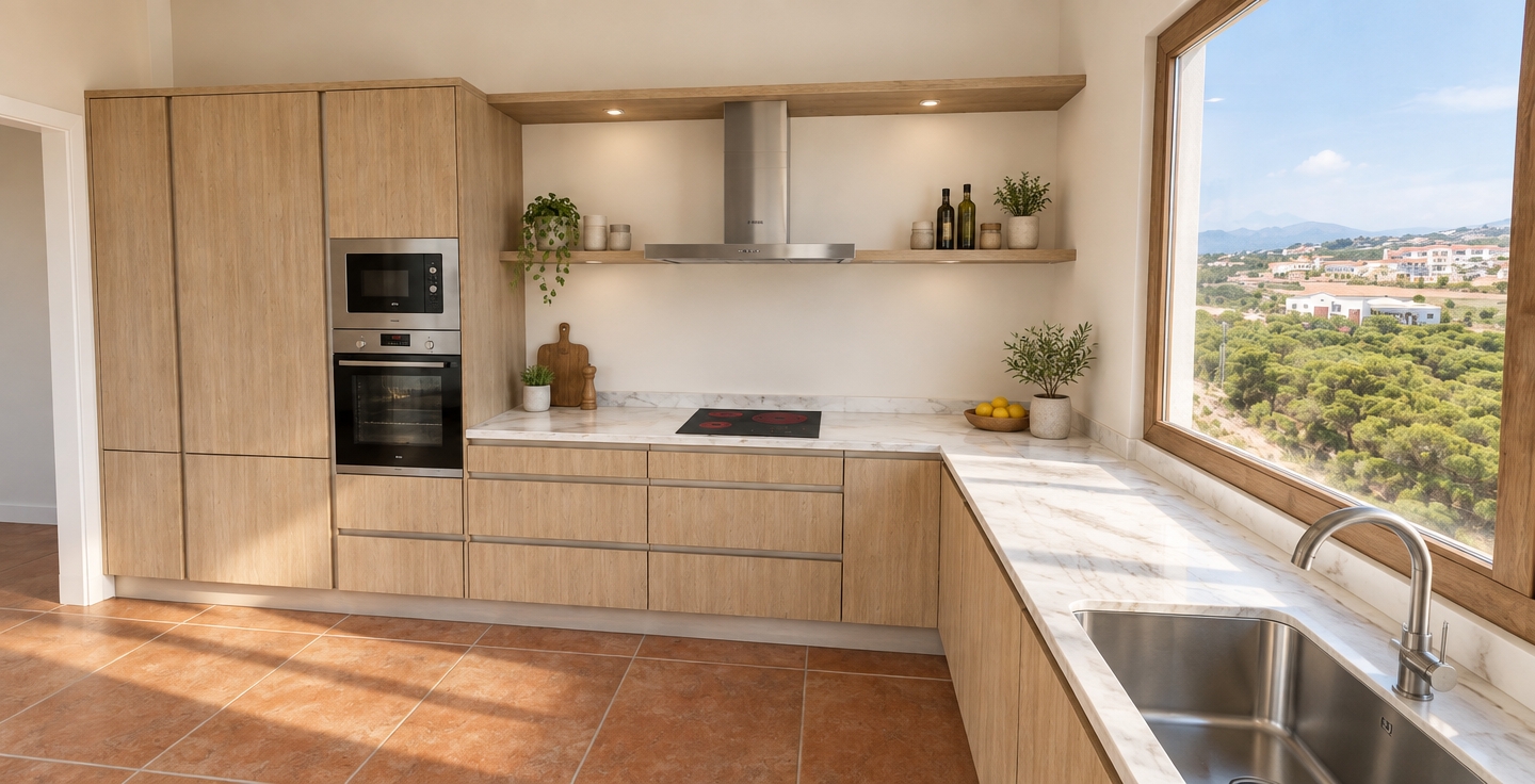 A professional architectural photograph capturing the exact kitchen layout bathed in soft, natural daylight pouring through the large window. Emphasize authentic, high-fidelity tactile textures: distinct vertical grain across the light oak cabinetry, delicate natural veining in the polished white marble countertops, and earthy matte variation along the terracotta floor tiles and grout. The brushed stainless steel appliances, range hood, and faucet exhibit realistic metallic reflections, soft specular highlights, and subtle surface micro-abrasions. Shot with a crisp wide-angle architectural lens, balanced interior lighting, and soft, natural contact shadows that ground every element realistically without altering any geometry or placement.