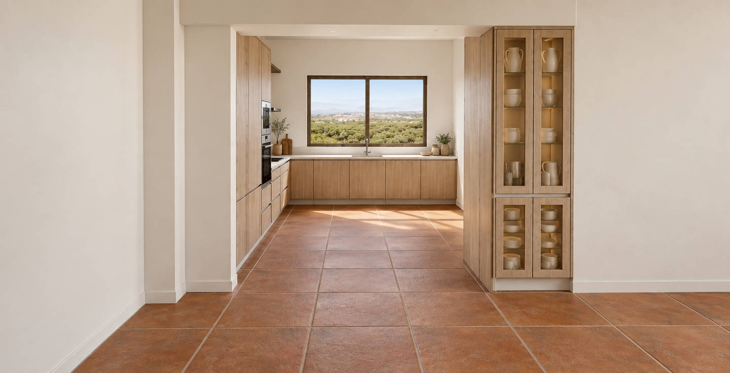 An architectural interior photograph of the kitchen precisely preserving the layout and composition, illuminated by soft natural daylight streaming through the central landscape window. The terracotta floor tiles feature authentic matte textures, subtle tonal variations, and realistic grout, while the light wood cabinetry displays fine, tactile vertical grain. Reflections gleam softly off the glass-front pantry displaying ceramic dishes and the stainless steel built-in appliances. The off-white walls, countertops, and fixtures are rendered with realistic micro-textures, natural contact shadows, and balanced exposure for a genuine photographic finish.