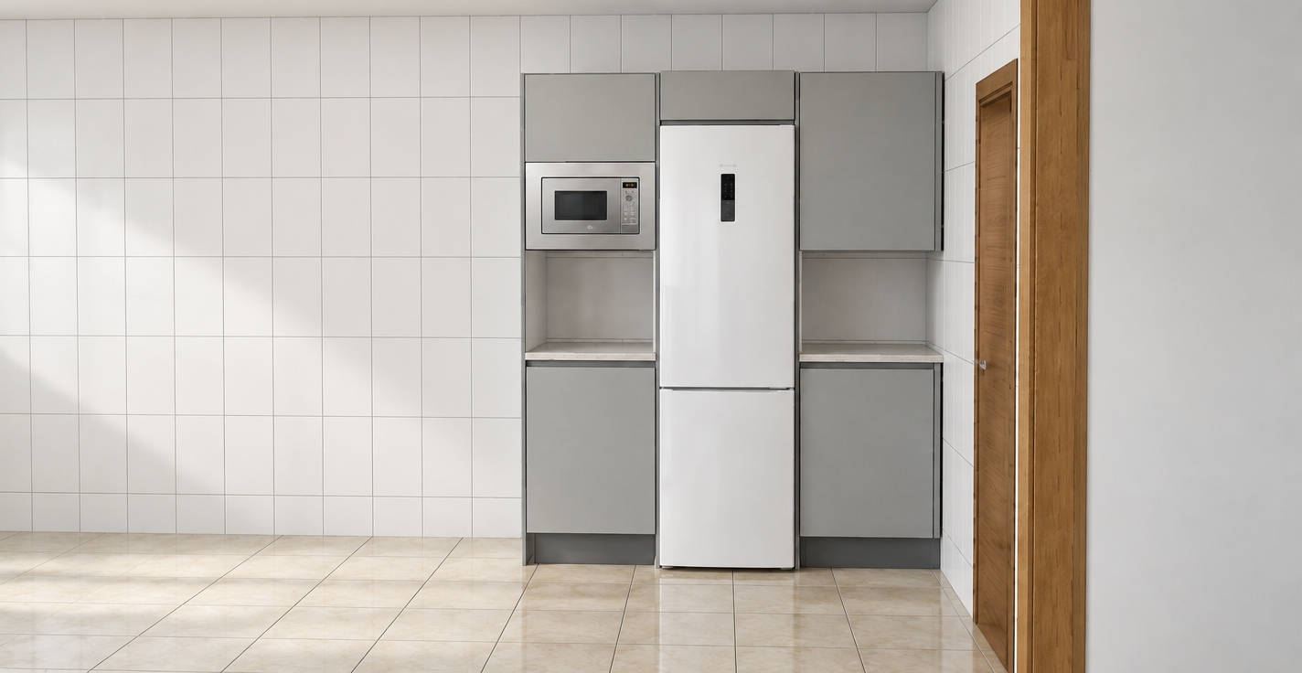 A realistic architectural photograph preserving the exact composition and materials, featuring a tall white refrigerator and built-in microwave set into matte light-gray cabinetry. Soft, neutral indoor daylight illuminates the scene, creating subtle highlights on the glossy white appliance doors, crisp grout lines along the white ceramic wall tiles, and gentle reflections across the beige floor tiles. The wood-grain door frame on the right shows natural surface texture. Shot with a 35mm lens with sharp focus, realistic ambient occlusion, and balanced contact shadows.