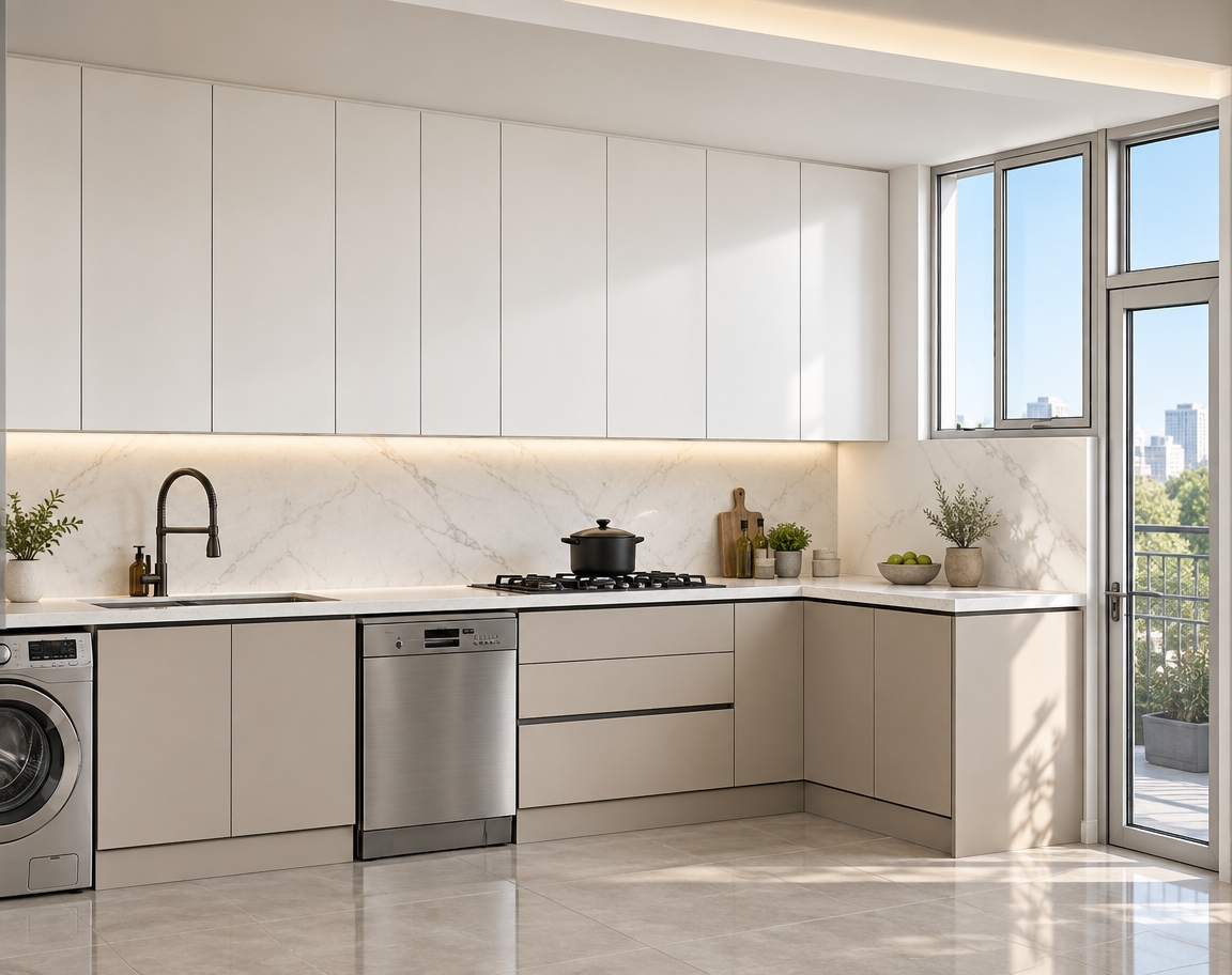 A crisp, eye-level architectural photograph capturing the identical kitchen layout under bright, natural daylight pouring through the side window and balcony door. The upper cabinetry features clean, seamless matte white panels, subtly illuminated from beneath by soft, concealed LED strip lighting that washes over the backsplash. The countertop and backsplash are crafted from smooth white SPL stone accented with delicate, faint gray veining. Lower cabinets display the smooth, warm greige Panotech P210 finish paired with discreet, recessed matte black profile handles. Inset appliances—the brushed stainless-steel dishwasher, matching washing machine, black gas cooktop, and dark faucet—show realistic metallic sheen, delicate specular reflections, and fine surface textures. The floor consists of large-format, light-toned semi-gloss ceramic tiles reflecting soft ambient daylight, captured with balanced exposure, sharp edge definition, and natural interior depth.