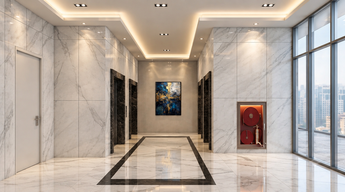 An incredibly lifelike, richly detailed, photorealistic wide-angle interior shot of a luxury hotel elevator lobby set in a bustling urban high-rise. The scene is illuminated by warm, diffused cove lighting and crisp recessed spotlights, creating a serene, minimalist haven. Captured with a 24mm tilt-shift lens, emphasizing the seamless book-matched white Carrara marble veining and the sharp, polished geometric lines of the floor inlay.

The aesthetic is the epitome of modern elegance, defined by an uncluttered, monochromatic palette of snowy whites, cool grays, and the deep, rich obsidian of the elevator portals. A striking piece of abstract wall art with bold navy and gold accents serves as a sophisticated focal point against the matte-finished back wall. The space feels intentionally quiet and Zen-inspired; every surface is meticulously clean, from the sleek, flush-mounted fire safety cabinet to the expansive floor-to-ceiling glass wall that reveals a hazy, soft-focus view of the city skyline. The composition is perfectly symmetrical, drawing the eye down the corridor toward the central artwork, while the high-gloss reflective floor creates a subtle depth that enhances the grand, streamlined scale of this refined sanctuary.