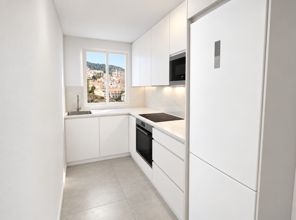 An incredibly lifelike, richly detailed, photorealistic interior shot of a sleek, minimalist galley kitchen set in a contemporary apartment. The scene is illuminated by soft, natural daylight filtering through the window and warm integrated under-cabinet lighting, creating a bright and serene atmosphere. Captured with a wide-angle 24mm lens, emphasizing the crisp matte-white finish of the seamless cabinetry and the subtle veining of the quartz backsplash.

The kitchen serves as a minimalist haven, where functionality meets refined aesthetics. All cabinetry doors feature a pristine, uniform white finish that reflects light beautifully across the space, enhancing the feeling of openness in the narrow layout. A polished stainless steel faucet stands as a precise accent above the sink, while the high-end, flush-mounted induction cooktop and sleek black oven integrated into the cabinetry provide a sophisticated contrast to the white surfaces. Large-format, light grey ceramic floor tiles anchor the design, creating a clean, seamless flow. Through the window, a vibrant, sun-drenched Mediterranean hillside town is visible, offering a stunning, picturesque backdrop that brings warmth and character to the otherwise minimalist sanctuary.