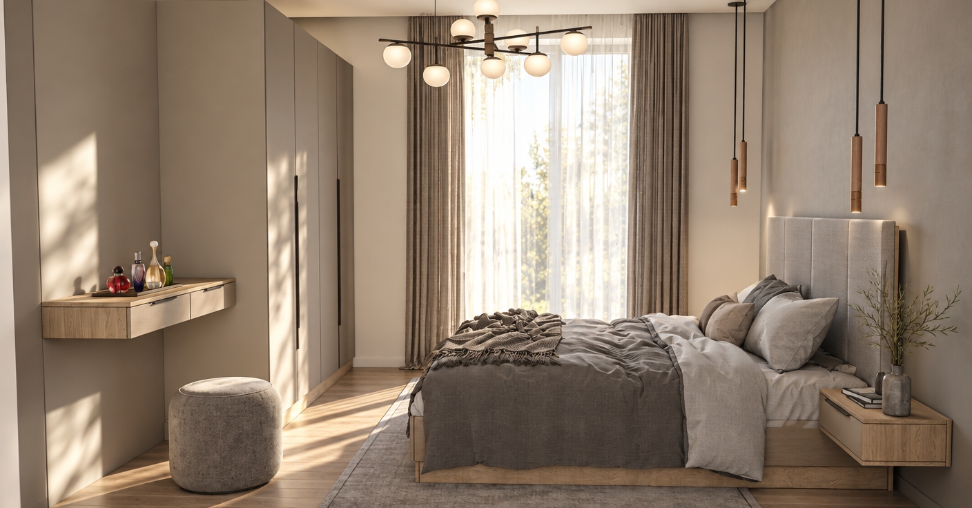 Architectural photograph of the exact bedroom scene during a bright summer midday, keeping the composition, geometry, and placement identical. Strong natural sunlight filters softly through the sheer curtains, filling the room with warm, high-key daylight and gentle ambient shadows. Natural material textures define the matte taupe wardrobes, fine wood grain on the floating vanity and nightstand, delicate glass perfume bottles, and soft woven fabrics of the gray bedding and upholstered headboard. Captured with a straight-on architectural lens, balanced exposure, accurate summer color temperature, and realistic depth of field.