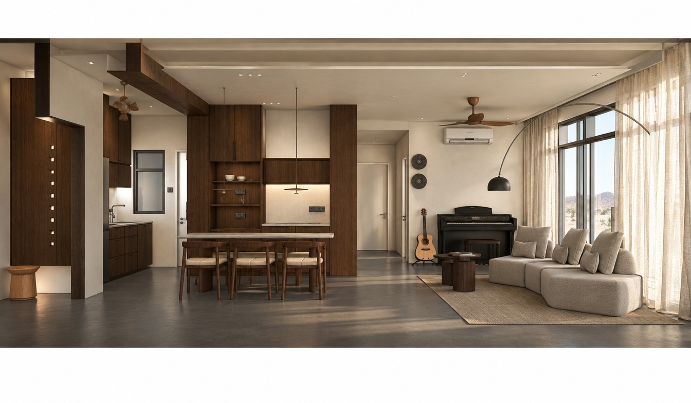 An incredibly lifelike, richly detailed, photorealistic interior shot of a sophisticated open-plan living and dining area set in a tranquil desert retreat. The scene is illuminated by soft, diffused midday sunlight streaming through floor-to-ceiling sheer curtains, creating a serene, minimalist atmosphere. Captured with a 35mm wide-angle lens, emphasizing the clean lines of the warm cream-colored walls and the seamless, matte deep-grey flooring that grounds the space. 

The composition highlights a balanced transition between the culinary and leisure zones; the kitchen features rich, dark walnut cabinetry contrasted against the bright, airy walls, while the dining island acts as a sleek anchor. In the living area, a plush, organic-shaped sofa in soft greige linen complements the dark wood accents of the piano and side tables. A delicate, arched floor lamp frames the window view, while a light-toned acoustic guitar rests in the corner, adding a human touch to the refined, curated aesthetic. The lack of grain in the dark grey floor draws the eye toward the interplay of light and shadow, evoking a sense of calm, desert-inspired luxury.