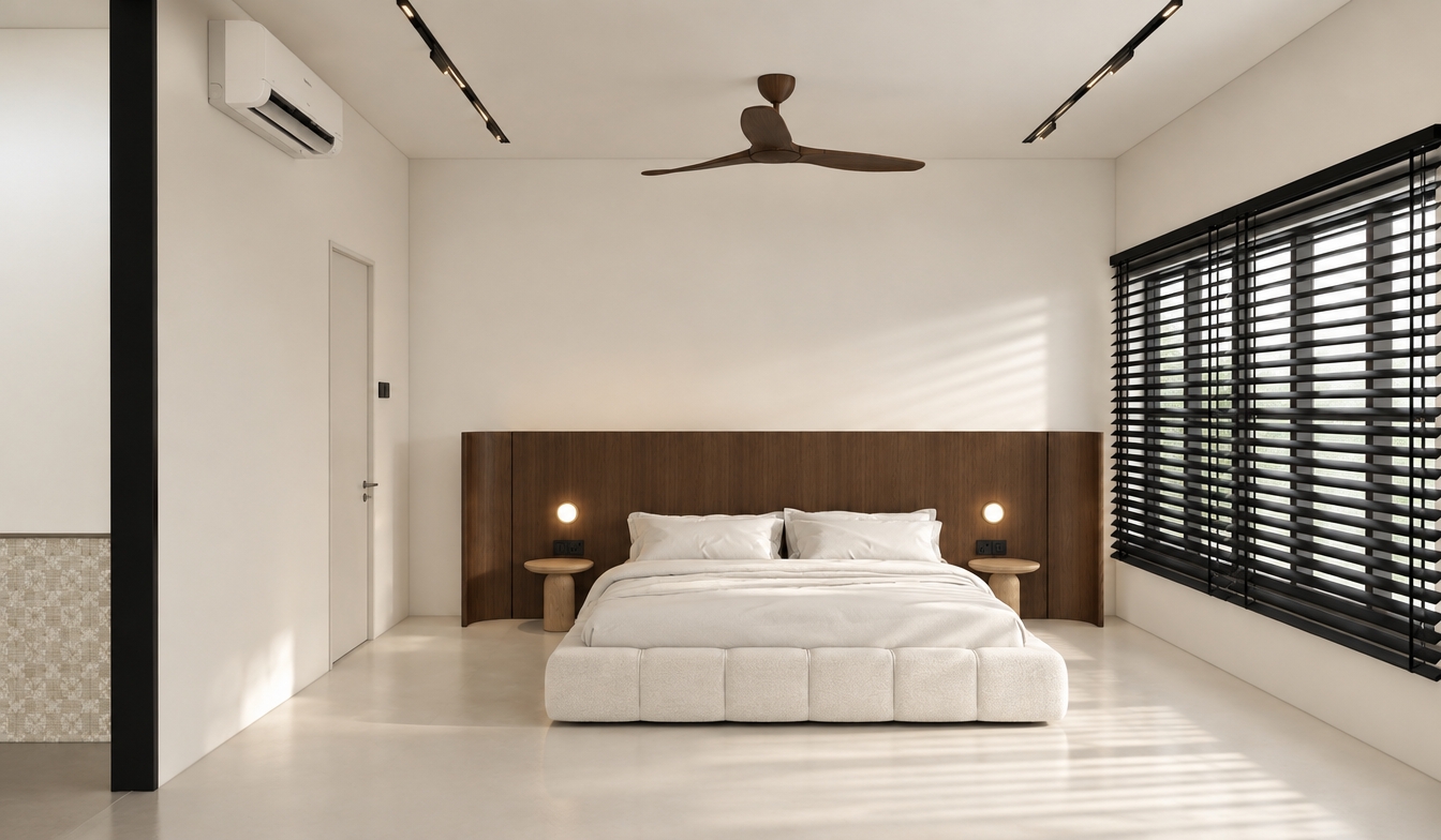 An incredibly lifelike, richly detailed, photorealistic wide-angle interior shot of a minimalist bedroom suite set in a serene, modern residence. The scene is illuminated by soft, diffused midday light streaming through the blinds, creating a calm, restorative atmosphere. Captured with a 35mm lens, emphasizing the clean lines and tactile textures of the space. 

The room is a sanctuary of white and cream tones, where the flooring is finished in a seamless, matte milky-white surface completely devoid of pattern, enhancing the sense of airy openness. The bed acts as the centerpiece, featuring a plush, tufted white platform frame draped in crisp, high-thread-count linens. Behind it, a sophisticated, curved dark walnut headboard provides a striking architectural anchor, accented by integrated warm-glow circular reading lamps and sleek timber bedside tables. To the right, matte black venetian blinds offer a sharp, graphic contrast against the luminous walls, while the minimalist ceiling is punctuated by discreet track lighting and a slender, dark wood-finish ceiling fan. The overall composition is perfectly symmetrical, balancing the warmth of the wood elements with a pristine, neutral color palette that defines this contemporary haven.