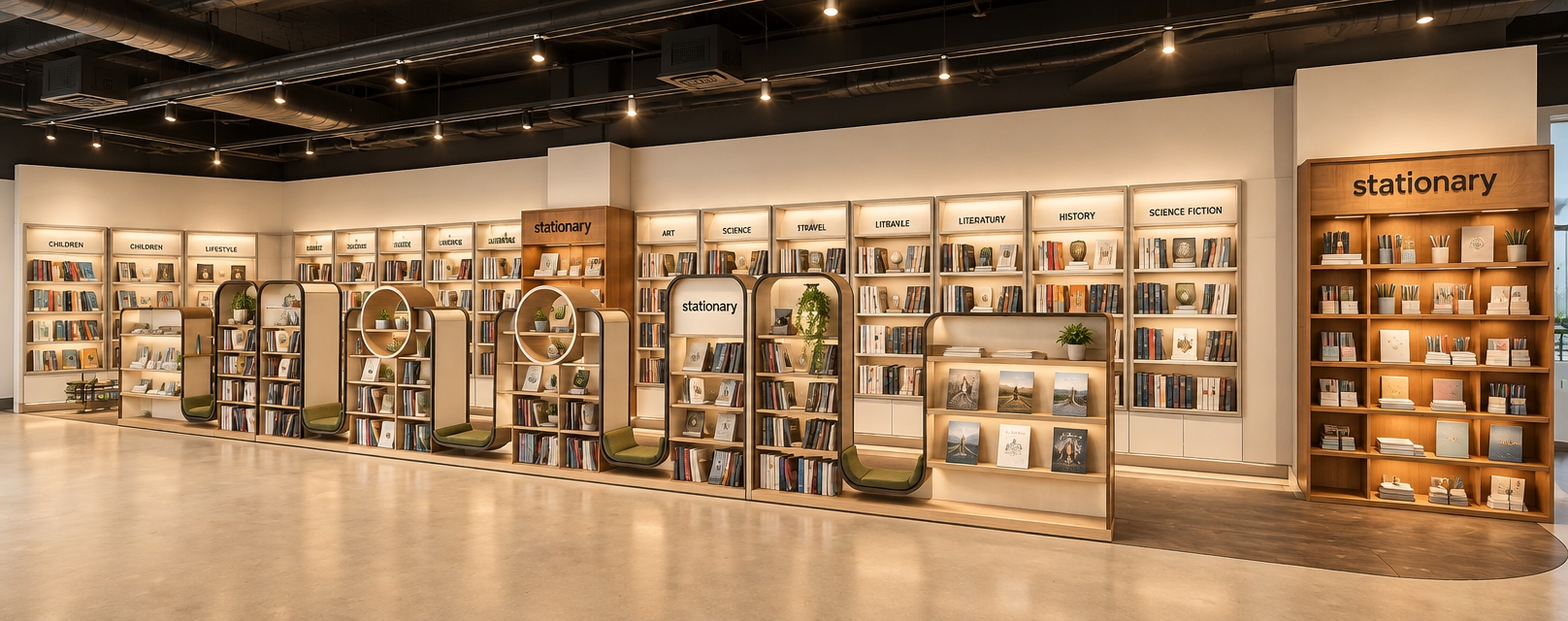 Commercial interior photograph of the book and stationery shop, precisely preserving the geometry and layout. The floor is smooth beige vinyl with subtle ambient sheen, matching a calm beige and white palette. Above, an exposed matte black ceiling features realistic industrial ductwork and warm track lighting. The wave-like central shelving is filled with textured book spines and decor, set against cleanly organized wall displays and warm-toned wood stationery fixtures. Photographed with a wide-angle architectural lens, balanced exposure, natural shadows, and sharp material textures throughout.