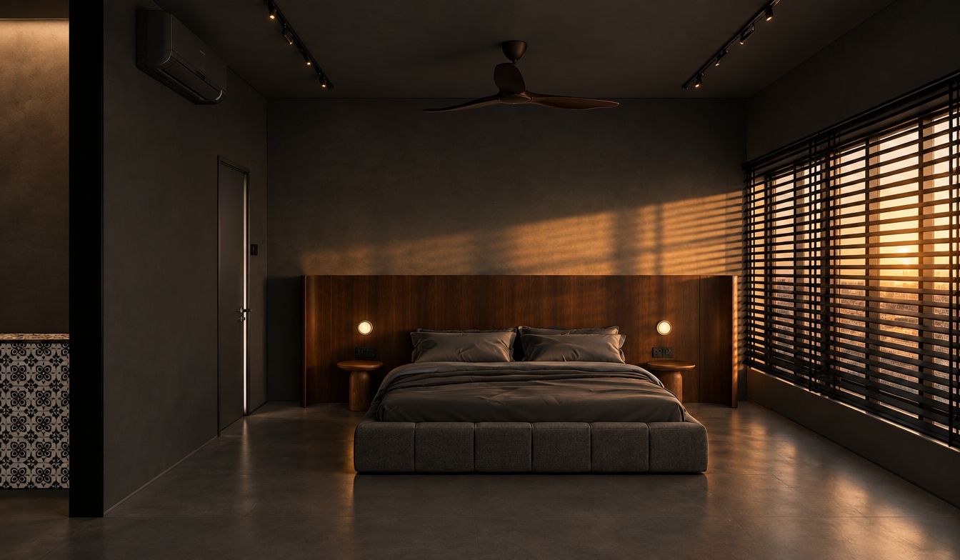 An incredibly lifelike, richly detailed, photorealistic interior shot of a sophisticated master bedroom set in a luxury urban residence. The scene is illuminated by the warm, amber glow of a late afternoon sunset filtering through sleek black Venetian blinds, creating a moody, high-end atmosphere. Captured with a 35mm wide-angle lens, emphasizing the rich walnut wood grain of the curved headboard and the plush, textured fabric of the minimalist platform bed.

The room exudes a refined, mid-century modern aesthetic, anchored by deep charcoal matte walls and seamless dark grey concrete flooring that provides a grounding, monolithic foundation. The symmetrical composition highlights a central dark wood headboard that arcs gently, accented by soft circular wall sconces casting a gentle halo of light. Above, a sculptural matte black ceiling fan hangs beneath minimalist track lighting, while the monochromatic color palette—interrupted only by the golden hour light—lends a sense of serene, curated luxury. Every element, from the understated bedside tables to the precision-aligned blinds, contributes to an ambiance of quiet, masculine elegance.
