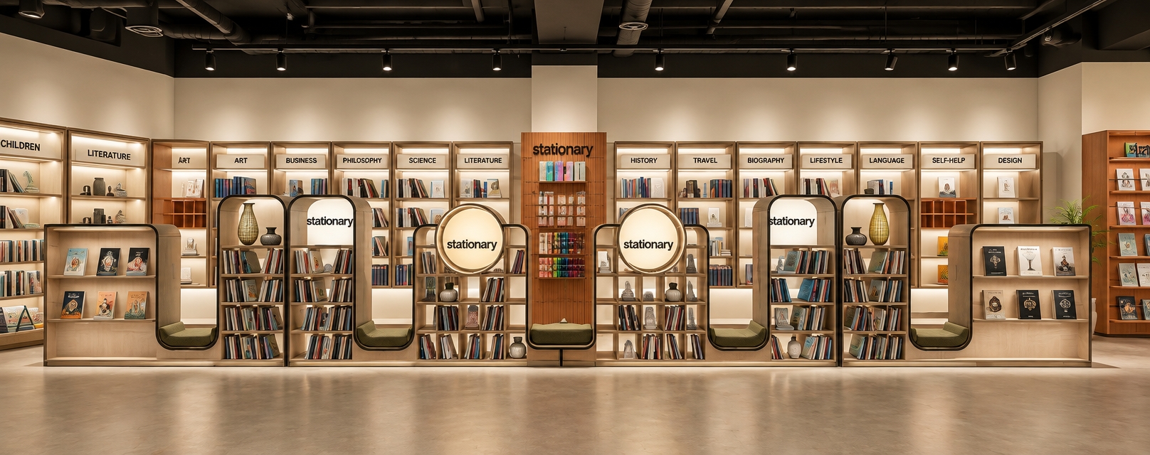 Crisp architectural photograph of the bookstore and stationery shop, precisely maintaining the existing layout, frontal perspective, and geometry. The space features an exposed matte black industrial ceiling with integrated ductwork, balanced by warm-neutral retail illumination that establishes a soft white and beige ambient glow. The floor is finished in smooth, beige-toned commercial vinyl with faint, diffuse reflections. Foreground undulating display shelves show clean matte surfaces, textured upholstered seating dips, and realistically rendered book spines alongside ceramic vases. Wall-mounted background bookcases display neatly arranged volumes under even light, captured with natural micro-textures, soft contact shadows, and realistic optical clarity.