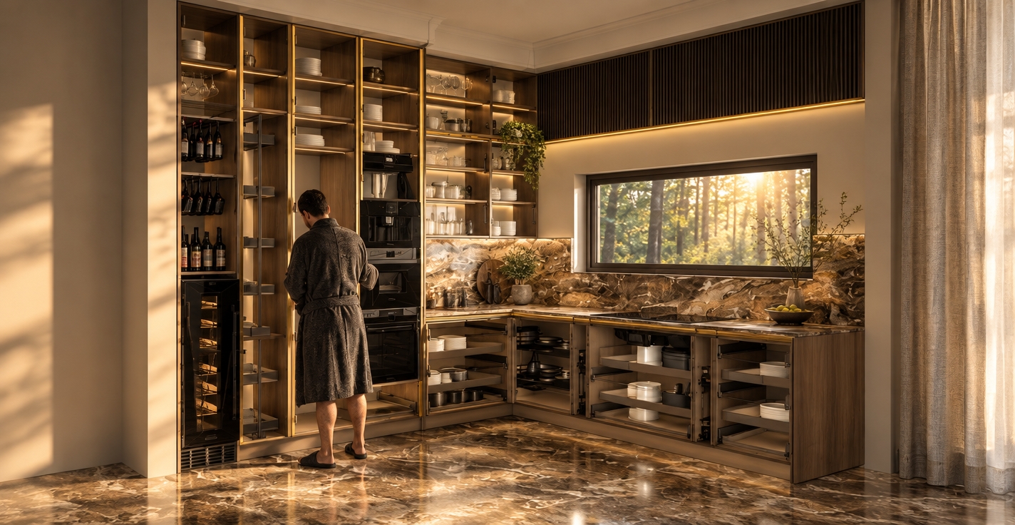 A photorealistic architectural interior photograph capturing the exact kitchen layout, materials, and composition shown, bathed in warm, soft afternoon sunlight streaming through the horizontal picture window. Rich brown marble countertops and flooring exhibit natural gloss reflections, subtle veining, and micro-textures. The cabinetry reveals fine wood grain and satin-finish metal hardware, with soft volumetric light casting cinematic shadows across the open shelving and integrated matte appliances. The standing figure in the textured robe is rendered naturally with realistic fabric folds and authentic rim lighting, captured sharply with a 35mm lens, balanced exposure, and subtle natural film grain.