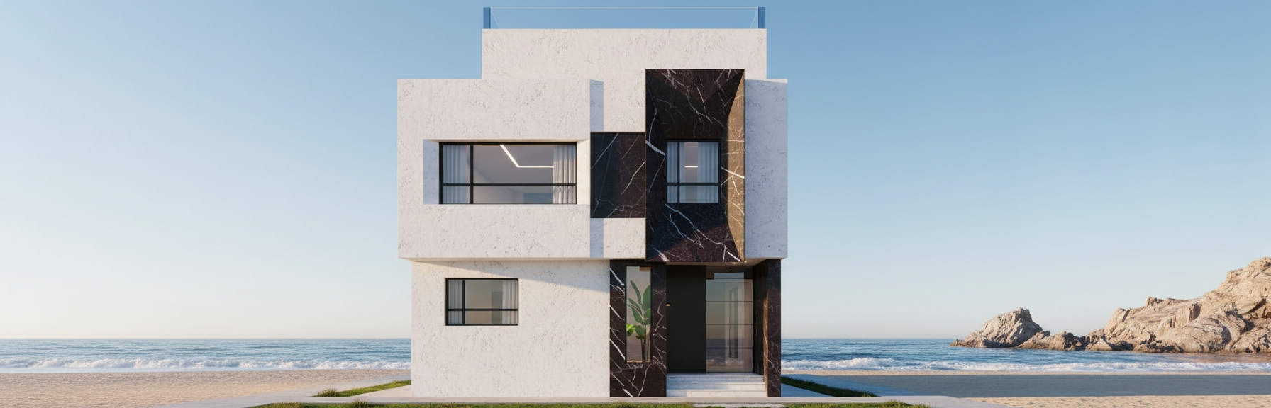 An incredibly lifelike, richly detailed, photorealistic eye-level shot of a modern minimalist villa set in a serene coastal environment. The scene is illuminated by the soft, golden light of late afternoon, creating a crisp and sophisticated atmosphere that highlights the interplay of textures. Captured with a 35mm lens, emphasizing the sharp contrast between the luxurious materials and the pristine structure.

The facade is clad in premium, polished Abbas Abad white granite, which catches the coastal light with a subtle, crystalline shimmer, lending the building a sense of timeless elegance. This bright, organic stone finish is sharply punctuated by bold vertical accents of deep, vein-rich Nero Marquina marble, which provides a dramatic anchors for the entrance and the window recesses. A lush, vibrant green indoor plant visible through the vertical glass slot near the doorway adds a touch of life to the monochromatic palette. The windows feature sleek, matte black aluminum frames that reflect the clear blue sky, while the architectural composition is defined by clean, geometric volumes and recessed shadows that create a sense of depth and weightlessness. The overall composition is balanced and refined, perfectly suited for a high-end contemporary residence where the cool coastal breeze seems to drift through the open-air roof terrace.