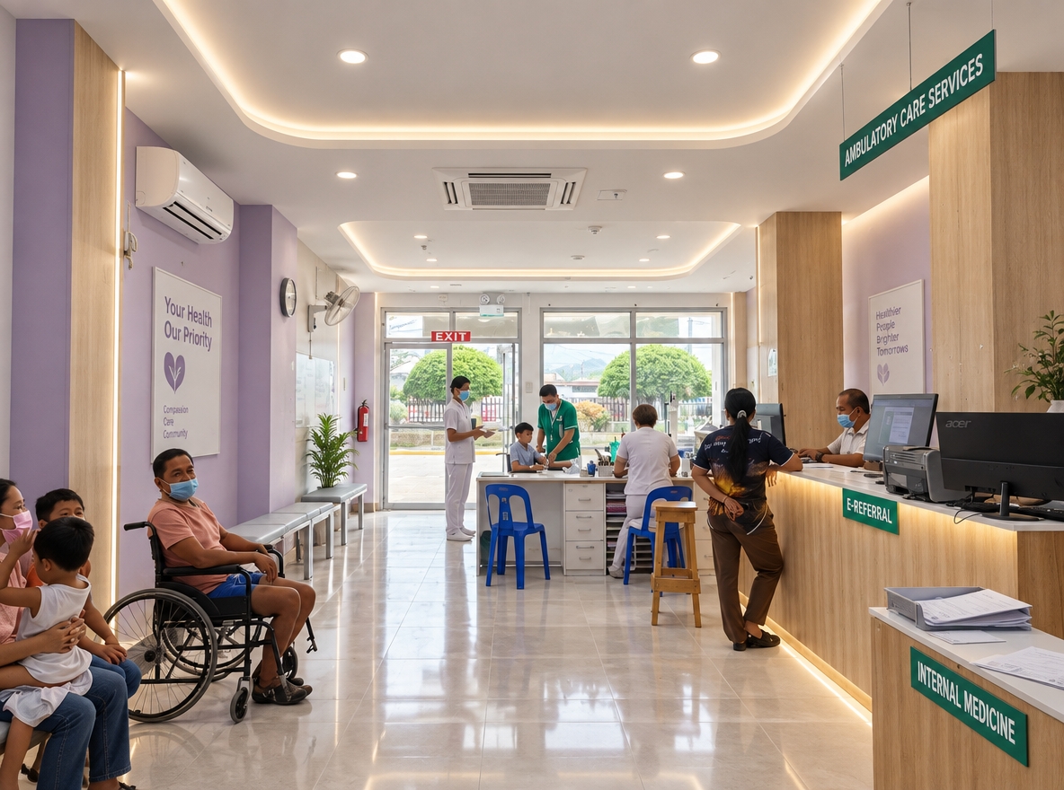 Eye-level architectural photograph maintaining the exact perspective and spatial arrangement of the hospital reception. The interior features seamless cool-white curved cove lighting integrated into a clean ceiling, paired with polished reflective flooring. Structural pillars and the reception desk feature light-toned natural wood panel accents balanced by soft, muted lavender-purple wall treatments. Diffuse daytime light from the rear glass entrance blends with the cool interior illumination across the patients and healthcare staff in their existing positions. Shot with a crisp wide-angle lens, showcasing tactile wood grain, subtle floor reflections, and balanced photographic exposure.
