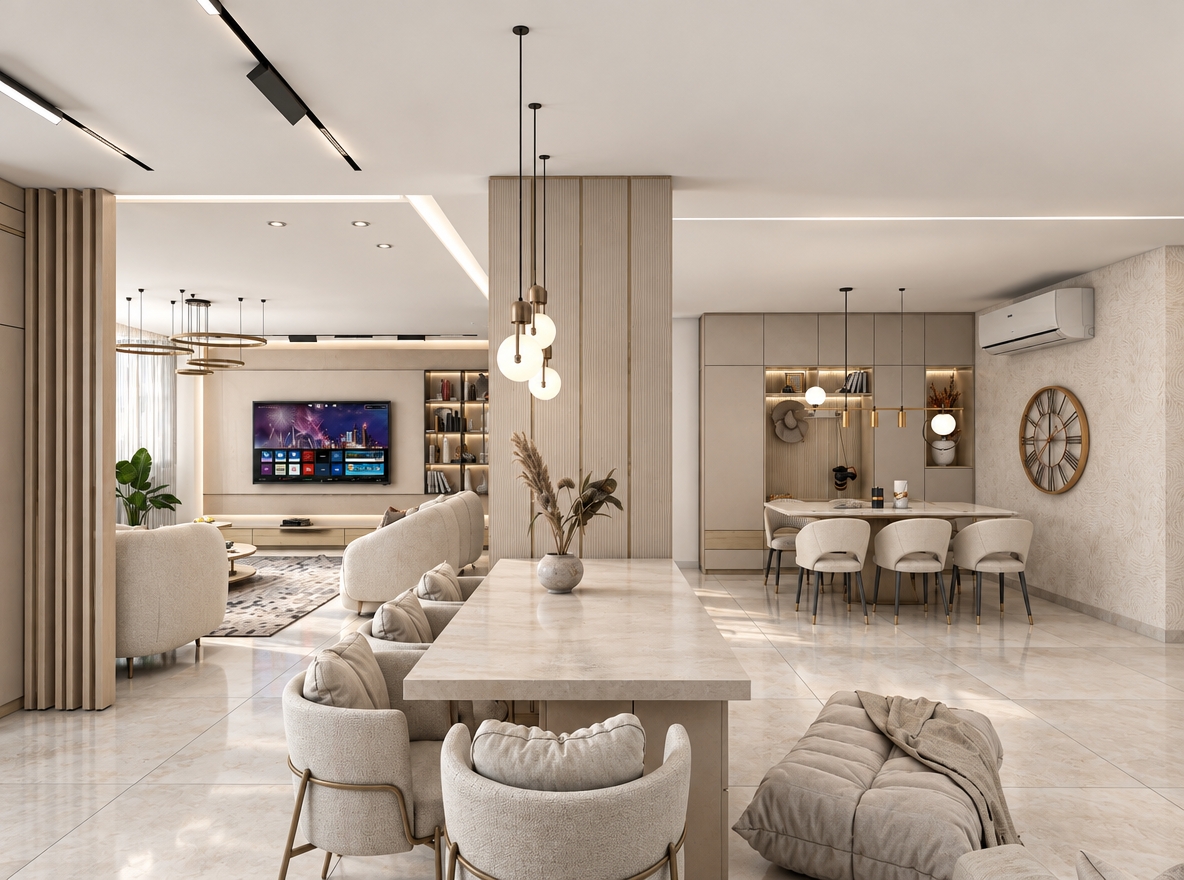 A professional architectural photograph capturing the exact room geometry, composition, and neutral color palette under crisp, neutral-white balanced interior illumination. Diffused natural daylight subtly blends with the soft glow of the recessed ceiling tracks, linear cove accents, and frosted glass pendant globes, creating realistic light falloff without excessive bloom or warm color shifts. Surfaces are rendered with physical authenticity, featuring fine weave textures and natural draping on the linen upholstery, soft contact shadows grounding the furniture, and low-sheen reflections across the large-format porcelain floor tiles and cabinetry. Shot on a full-frame camera with a sharp architectural tilt-shift lens, the frame preserves perfectly straight verticals, balanced dynamic range, and clean, high-resolution global illumination throughout the entire interior.