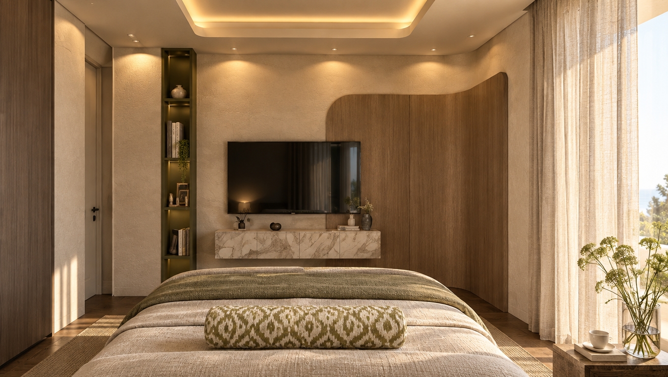 A clean architectural photograph of the coastal bedroom, captured on a wide-angle tilt-shift lens with soft, diffused Mediterranean morning light filtering through the linen drapes. Warm recessed ceiling cove lights and directional spotlights cast soft scallops down the textured beige plaster walls and highlight the curved wood-and-olive paneling. The bed is dressed in natural olive-toned and beige woven linens with tactile fabric folds, centered by the patterned cylindrical bolster pillow. Subtle marble veining appears on the floating media console, while realistic soft reflections define the television screen, shelf decor, and polished bedside accents. Natural ambient fill balances the illumination across the room, rendered with crisp depth of field, gentle lens vignetting, and authentic micro-textures.