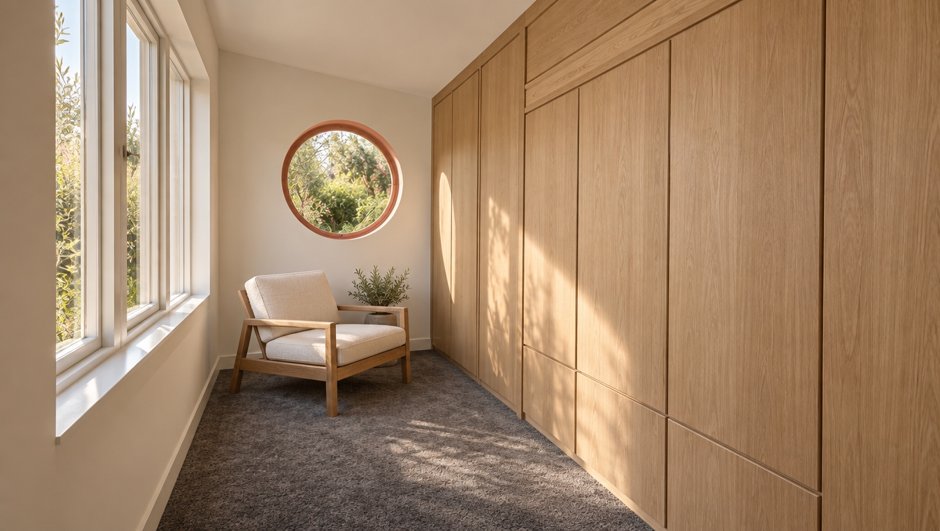 An architectural editorial photograph capturing the exact layout, geometry, and perspective of the room, illuminated by soft natural morning daylight flooding through the left windows with painted white frames. The large built-in wardrobe wall on the right is rendered in bespoke light oak joinery with fine wood grain and realistic panel seams, while the floor is covered in plush, dark grey carpet with soft pile texture. Against the back warm-white wall, the circular window features a subtle coral-toned trim revealing lush garden greenery outside, alongside a contemporary light oak armchair upholstered in textured cream-colored linen. Captured at eye level on a 35mm lens with sharp focus, gentle interior shadows, warm color temperature, and realistic optical falloff, producing an authentic, high-end magazine photograph.