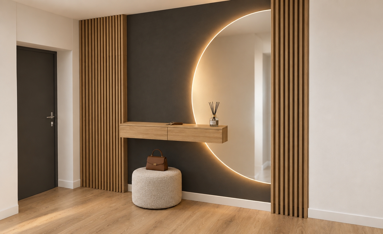 An incredibly lifelike, richly detailed, photorealistic interior shot of a sophisticated mudroom set in a Scandinavian sanctuary. The scene is illuminated by gentle, diffused midday light, creating a serene and welcoming atmosphere. Captured with a 35mm lens, emphasizing the warm natural wood grain of the floor and the precise vertical lines of the oak slat paneling, this visualization exudes minimalist elegance.

The focal point is the feature wall, where a striking matte charcoal surface serves as the backdrop for a large, circular mirror. This mirror is bathed in a soft, ethereal halo of warm backlighting, which causes it to glow against the dark wall, casting subtle depth into the room. Centered below the mirror, a sleek, wall-mounted floating console finished in light oak provides a functional ledge, where a cluster of brass keys and a minimalist glass reed diffuser rest. Directly beneath the shelf, a plush, textured pouf sits on the oak floor, topped with a small, stylish leather handbag, suggesting a lived-in yet curated space. To the left, a matte charcoal door complements the wall treatment, while the clean, white-painted surrounding walls ensure the focus remains on the interplay between the warm wood textures and the dramatic lighting of the circular mirror.