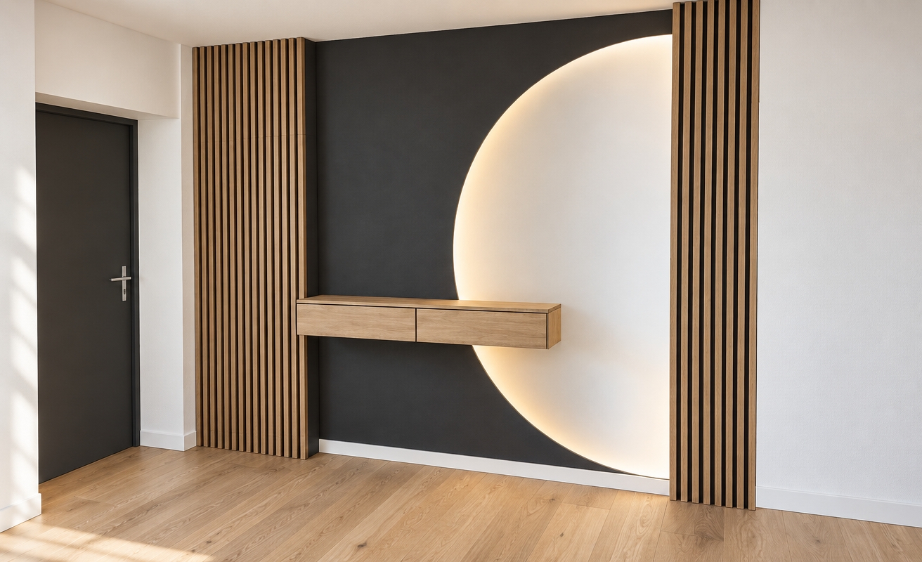 A photorealistic architectural photograph captured at midday with crisp, diffused natural daylight illuminating the room. Preserving the exact layout and geometry, natural oak slatted panels frame a matte charcoal accent wall featuring a large glowing circular element and a floating two-drawer oak console. The light oak floorboards display authentic grain micro-textures and subtle midday reflections, while the adjacent white walls and matte dark door show realistic paint sheen and fine contact shadows, photographed with a sharp 35mm interior lens under balanced ambient light.
