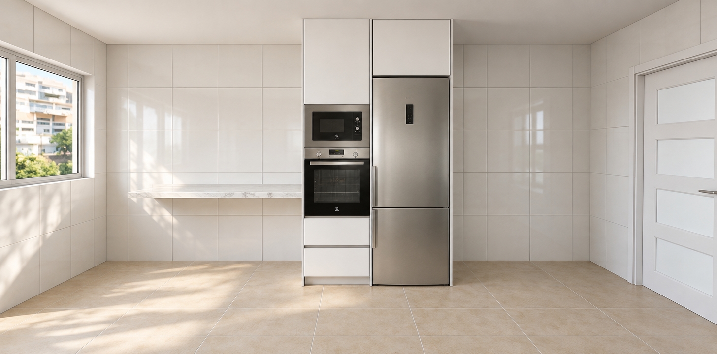 A crisp architectural photograph capturing the exact room layout, illuminated by soft natural daylight pouring through the left window. The tall matte white cabinetry extends seamlessly up to the ceiling, neatly framing the brushed stainless steel refrigerator and integrated black glass oven and microwave with authentic specular highlights. The floating countertop features a smooth, polished white stone surface patterned with delicate gray veining. Realistic surface physics bring the room to life, showcasing glossy white square wall tiles with crisp grout lines, matte beige ceramic floor tiles, and gentle ambient contact shadows, captured on a wide-angle lens with neutral color temperature and clean, photorealistic clarity.