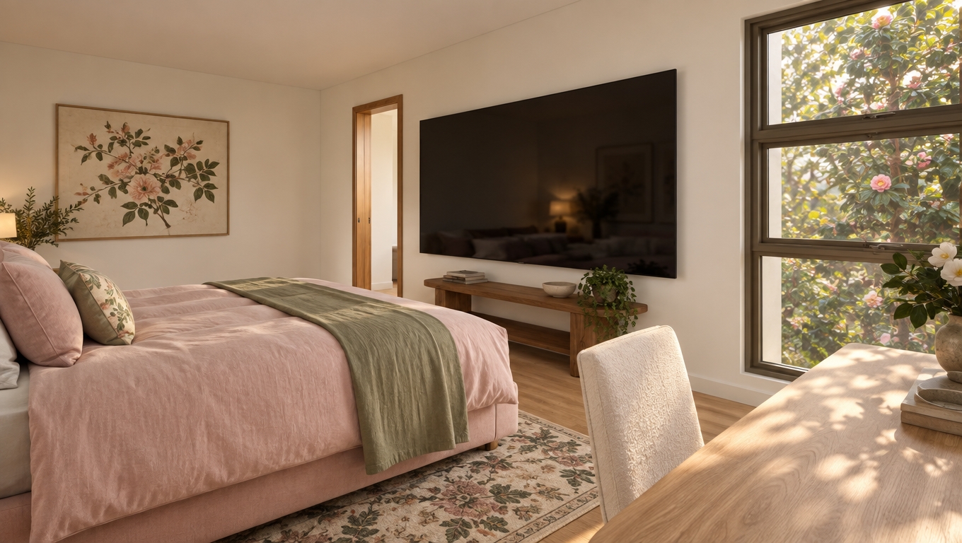 A client-ready interior photograph shot on a Canon EOS R5 with a 35mm lens, capturing the exact room geometry under soft, warm daylight streaming through the bronze-framed window on the right, which looks out onto lush flowering camellias. The space features smooth off-white walls, warm-toned timber parquet flooring, and an open doorway on the left. In the foreground, a custom light oak desk pairs with a cream upholstered chair, leading toward the bed styled in soft pink and sage green linens over a floral area rug. Across the room, a large wall-mounted flat-screen television hangs above a low timber console, rendered with subtle fabric textures, gentle shadow gradients, and a natural editorial finish.
