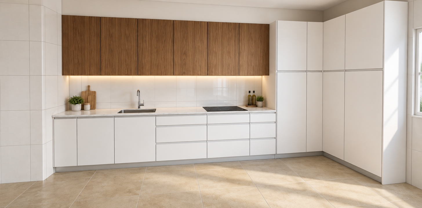 An architectural photograph capturing the kitchen with exact structural fidelity, featuring smooth matte white base cabinets, rich natural walnut upper cabinets displaying authentic wood grain, and tall matte white corner units. The countertop is rendered in polished white engineered stone with delicate grey veining, housing an undermount stainless steel sink with a chrome faucet and a sleek black ceramic cooktop. Diffused daytime light creates soft ambient illumination and realistic contact shadows, highlighting natural micro-textures on the beige tiled floor and subtle reflections across the white tiled backsplash.