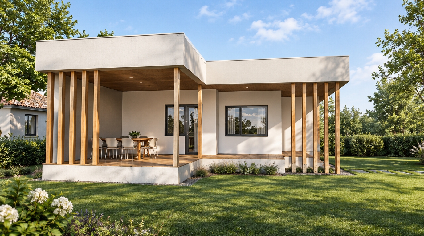 An incredibly lifelike, richly detailed, photorealistic eye-level exterior shot of a modern fusion residence set in a tranquil, manicured garden during a bright spring midday. The scene is illuminated by soft, natural sunlight that casts gentle shadows across the facade, creating a serene and inviting atmosphere. Captured with a 35mm lens, the image emphasizes the seamless blend of smooth, matte-white exterior walls, architectural timber slats, and metallic accents that define its contemporary, modular aesthetic.

The structure features an expansive, open-concept covered terrace, furnished with a sleek dining set that anchors the living space. The minimalist architecture is framed by rhythmic vertical wooden columns that reach toward a clean, geometric roofline, bridging the gap between indoor comfort and the surrounding lush greenery. Large, high-performance window panes reflect the clear sky, while a subtle color palette of black and white is punctuated by the vibrant, natural greens of the landscape. Every surface displays refined craftsmanship, from the polished decking to the crisp joinery of the support beams, evoking the refined quality of a premium architectural photography book.
