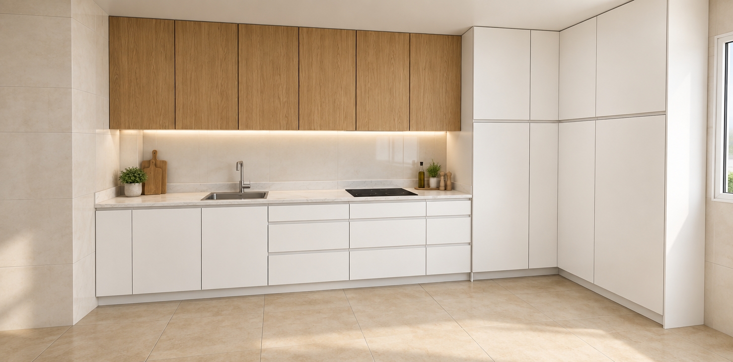 An architectural photograph of the kitchen preserving the exact composition and layout, featuring upper cabinets with authentic vertical oak grain and seamless white cabinetry extending cleanly to the ceiling line. The scene incorporates polished white stone countertops, a reflective stainless sink, a glossy black induction cooktop, and warm beige ceramic floor tiles. Soft, diffused daylight naturally illuminates the room, casting gentle contact shadows and subtle micro-reflections across all surfaces with clean architectural clarity.