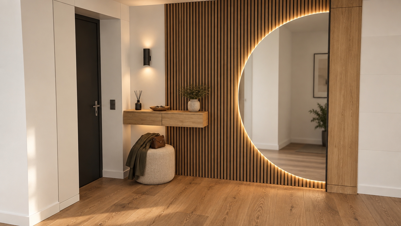 Architectural photograph of a bright modern entranceway gently illuminated by diffused daylight and warm ambient backlighting running behind the semicircular mirror. The vertical slatted oak wall paneling, smooth white walls, dark door, and natural wood plank flooring display authentic matte and satin textures with soft contact shadows. Above the floating wooden cabinet, a decorative wall lamp casts a cozy glow, while a discreet reed diffuser and a small key bowl rest on its surface. Tucked neatly beneath is an upholstered fabric pouf holding a casual jacket and handbag, photographed on a 35mm lens with balanced exposure, sharp interior focus, and natural subtle grain.