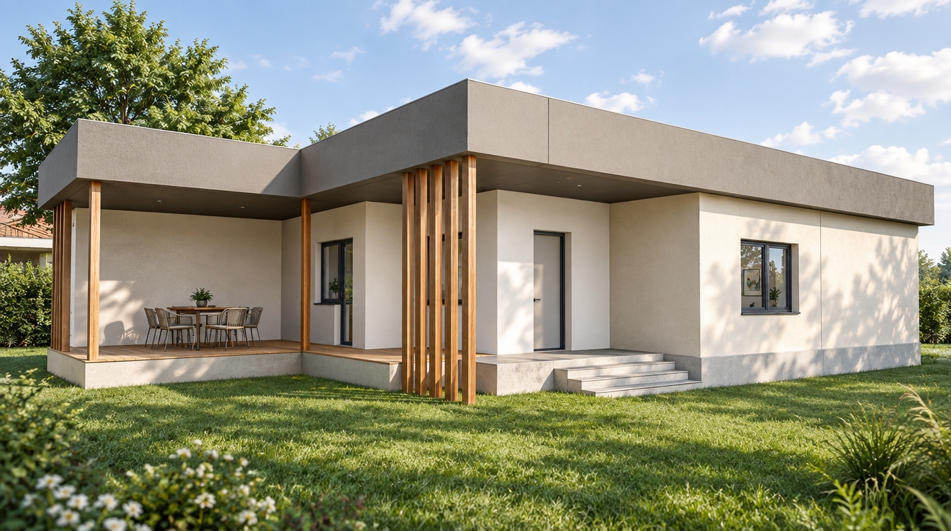 An incredibly lifelike, richly detailed, photorealistic wide-angle architectural exterior shot of a modern fusion residence set in a tranquil, manicured spring landscape. The scene is illuminated by the crisp, golden-hued light of midday, creating a serene and inviting atmosphere. Captured with a 35mm lens, the focus emphasizes the interplay between the clean, geometric stucco facade and the vertical warmth of natural cedar louvers that filter the sunlight.

The house showcases a seamless modern fusion aesthetic, featuring smooth, matte white and light cream render contrasted against a sharp, minimalist grey fascia that defines the roofline. The open-concept porch serves as an extension of the interior living space, furnished with sleek, contemporary outdoor dining pieces that hint at the curated, industrial-inspired interior design within. Large, expansive windows reflect the soft blue sky, subtly revealing glimpses of a minimalist living space adorned with abstract, bold wall art. The surrounding environment is lush and vibrant, with soft green grass and the dense, leafy canopy of a mature tree providing a cooling contrast to the architectural lines. The composition highlights the geometric purity of the home, capturing the perfect balance between metallic accents, organic wooden structural elements, and the soft, organic chaos of spring greenery.