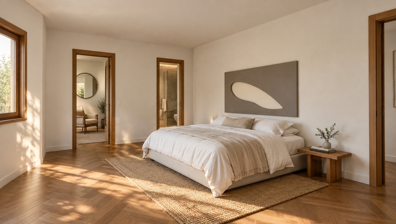 An architectural interior photograph of the bedroom taken with a 35mm lens on a full-frame camera, maintaining the exact room geometry, perspective, and furniture placement. Soft, warm morning daylight streams through the window on the left, casting natural shadows across the warm timber parquet floor. The walls are finished in smooth off-white matte paint, complemented by natural wood door trim. The low-profile platform bed is dressed in crisp, rumpled white linen sheets and pillows, resting on a textured woven jute rug. The wall-mounted headboard panel features a soft matte grey finish framing the curved cutout, while the side bench shows natural wood grain. Visible through the open doorways are the walk-in closet with an armchair and round mirror to the left, and a softly lit modern ensuite bathroom beyond. Diffuse natural highlights, faint lens vignetting, and authentic micro-textures deliver an authentic Architectural Digest editorial quality.