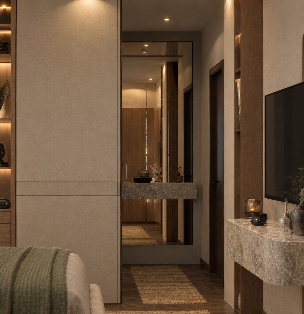 An interior architectural photograph capturing the exact layout and perspective of the bedroom scene, lit with soft, warm recessed spotlights. Natural 3000K illumination highlights the micro-textures of the matte beige cabinetry, rich wood accents, and polished marble dresser surfaces with gentle ambient occlusion. The tall mirror accurately reflects the illuminated hallway with realistic depth, subtle glass reflections, and faint surface dust. Shot on a 35mm lens, the image displays smooth shadow roll-off, crisp physical materials, and delicate camera sensor grain replacing the render noise.