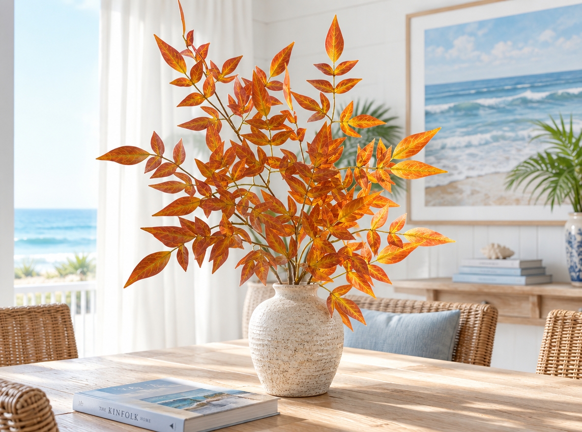 An incredibly lifelike, richly detailed, photorealistic landscape photo of an open-concept dining room set in a beachside haven. The scene is illuminated by bright, sun-kissed daylight pouring through sheer curtains, creating an airy, light, fresh, and relaxed coastal breeze atmosphere. Captured with a 35mm wide-angle lens at f/4, emphasizing the delicate veins of the vibrant orange foliage arrangement set inside a textured ceramic vase on a natural light wooden dining table. Surrounding the table, woven wicker and wooden furniture harmonize with an uncluttered surface displaying an artful photography book, all anchored by a palette of ocean blues, crisp white, and sandy neutrals. On the whitewashed walls, framed seascape wall art evokes a nautical aesthetic, complemented by lush potted plants that complete this inviting, casual seaside sanctuary.