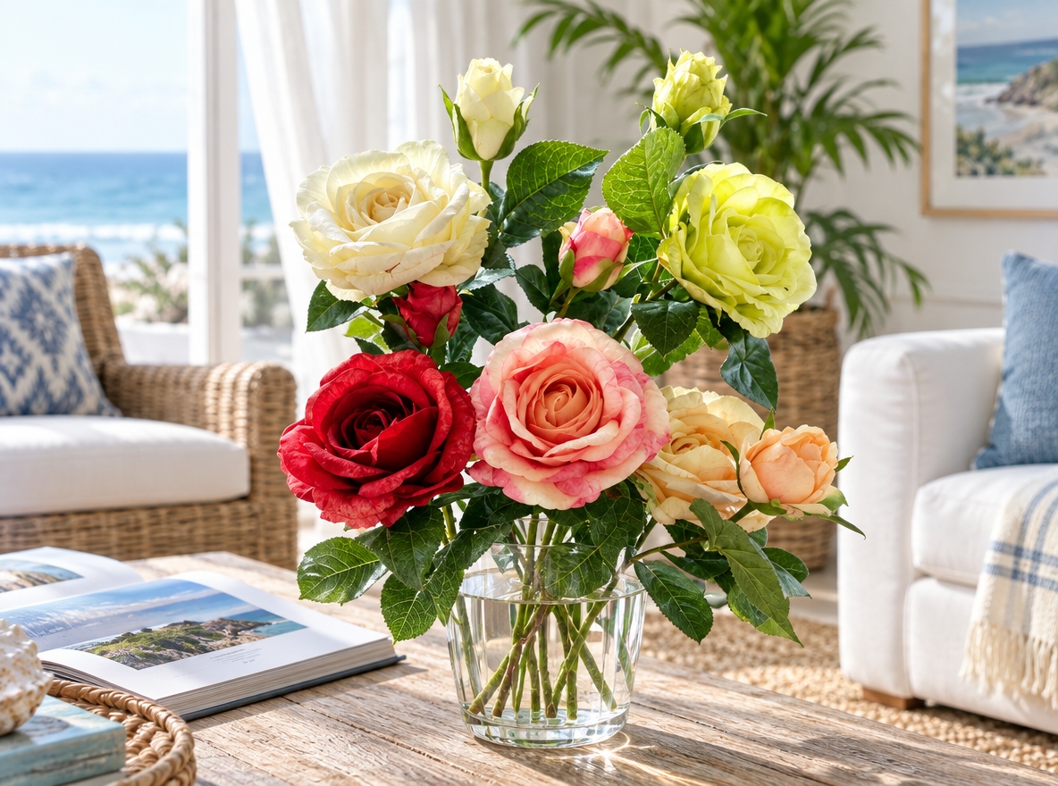 An incredibly lifelike, richly detailed, photorealistic landscape shot of an exquisite bouquet of multicolored roses set in an open, sun-drenched coastal living room. The scene is illuminated by radiant, natural daylight drifting past sheer curtains stirred by a coastal breeze, creating an airy, light, fresh, and inviting atmosphere. Captured with a high-resolution full-frame camera and a 35mm prime lens, emphasizing the intricate folds of the deep red, blush, and pale yellow petals, the fine leaf veining, and the tactile weave of surrounding wicker and wooden furniture. Resting on an uncluttered weathered-wood coffee table alongside an open photography book, the floral centerpiece perfectly harmonizes with the room's palette of ocean blues, crisp whites, and sandy neutrals, complemented by vibrant potted plants and tranquil seascape wall art in the softly blurred background.