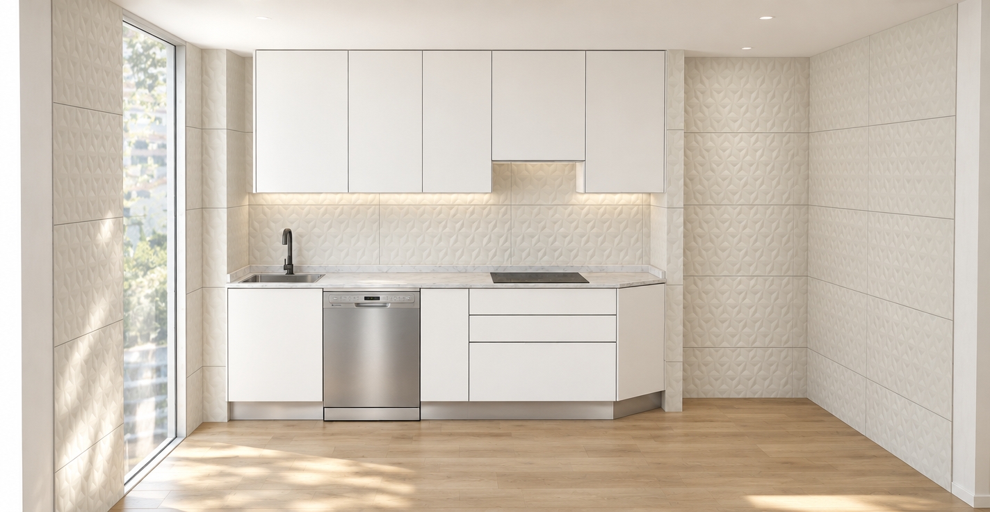 An incredibly lifelike, richly detailed, photorealistic eye-level interior shot of a contemporary kitchen set in a minimalist haven. The scene is illuminated by soft, natural morning light filtering through the side window, creating a serene and airy atmosphere. Captured with a 35mm wide-angle lens, emphasizing the crisp contrast between the matte white cabinetry and the tactile, geometric-patterned white wall tiles. The kitchen features a sleek, seamless countertop in a soft, veined marble finish that anchors the space. Below, the pristine white base cabinets are accented by a high-end stainless steel dishwasher, while the floor consists of warm, light-toned oak planks with a subtle wood-grain texture. The matte black faucet adds a refined, modern touch, standing out against the rhythmic, textured backsplash that brings subtle depth and dimension to the room. The composition is balanced and symmetrical, highlighting an uncluttered aesthetic where every element serves both form and function.