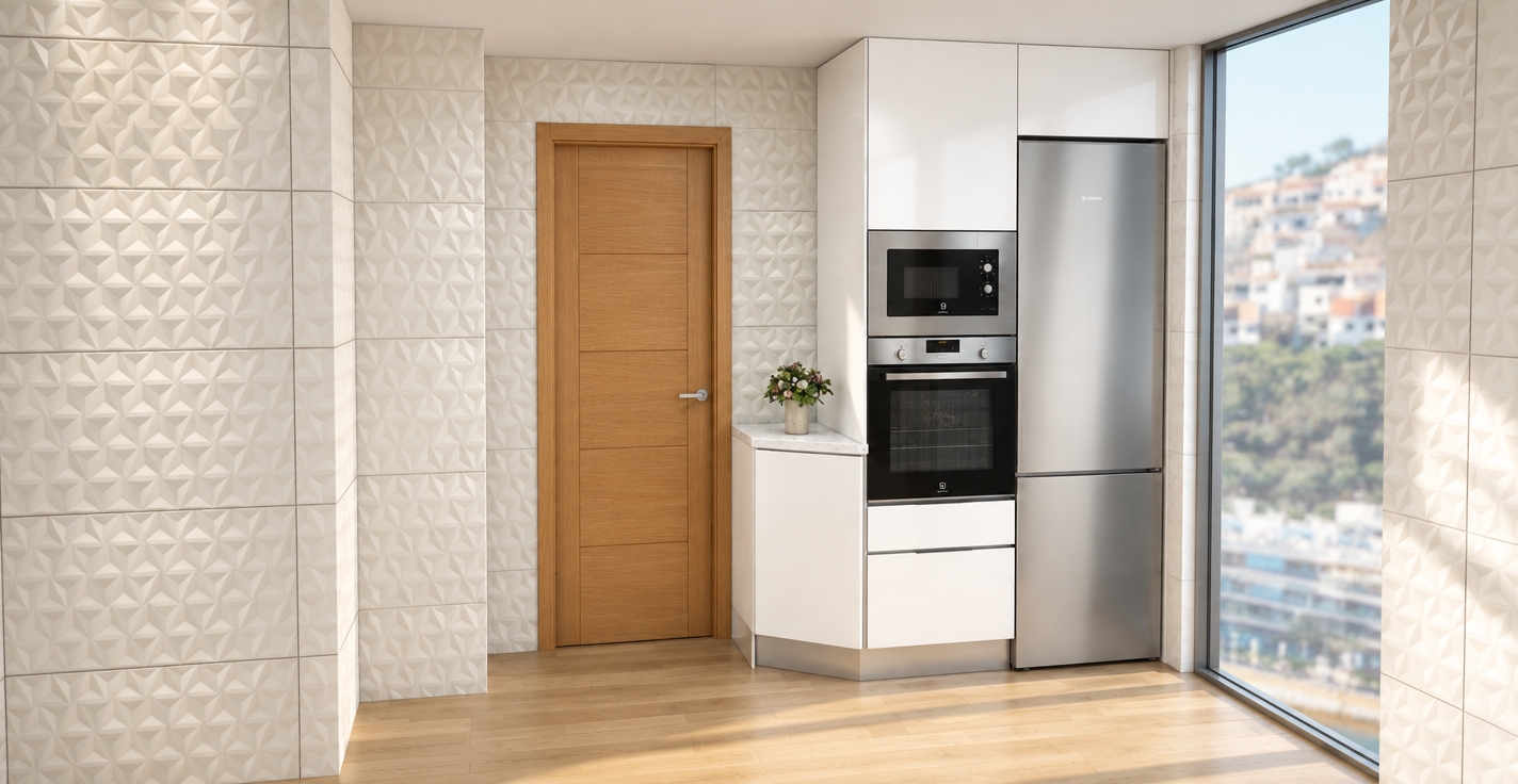 An incredibly lifelike, richly detailed, photorealistic eye-level interior shot of a contemporary kitchen set in a serene, minimalist haven. The scene is illuminated by soft, natural morning light pouring through the floor-to-ceiling glass panel, creating a crisp, airy, and inviting atmosphere. Captured with a 35mm wide-angle lens, emphasizing the tactile quality of the three-dimensional geometric relief tiles that clad the walls, which catch the light with subtle, shifting shadows.

The composition centers on a streamlined, white lacquer cabinetry unit that integrates a professional-grade brushed stainless steel refrigerator and matching built-in convection oven and microwave. The warmth of the natural oak-finish door, featuring clean horizontal panels and a minimalist satin-nickel lever, provides a soft, organic contrast to the clinical precision of the kitchen zone. A small, vibrant floral arrangement sits on the polished quartz countertop of the corner cabinet, adding a touch of life to the space. The light-toned wide-plank wood flooring anchors the room, drawing the eye toward the expansive window that reveals a blurred, sun-drenched coastal cityscape, enhancing the sense of depth and luxury within this quiet, high-end residence.
