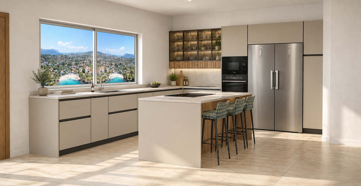 A crisp, photorealistic architectural photograph preserving the exact kitchen geometry, materials, and composition under bright daylight. Mediterranean sun pours through the large picture window, illuminating the matte beige cabinetry, textured barstool upholstery, and stainless steel appliances with soft, natural light and authentic contact shadows. Every finish exhibits realistic micro-textures, from the subtle sheen on the tiled floor and ceramic dishware behind tinted glass to the brushed metal surfaces, captured with balanced exposure and clean photographic depth.