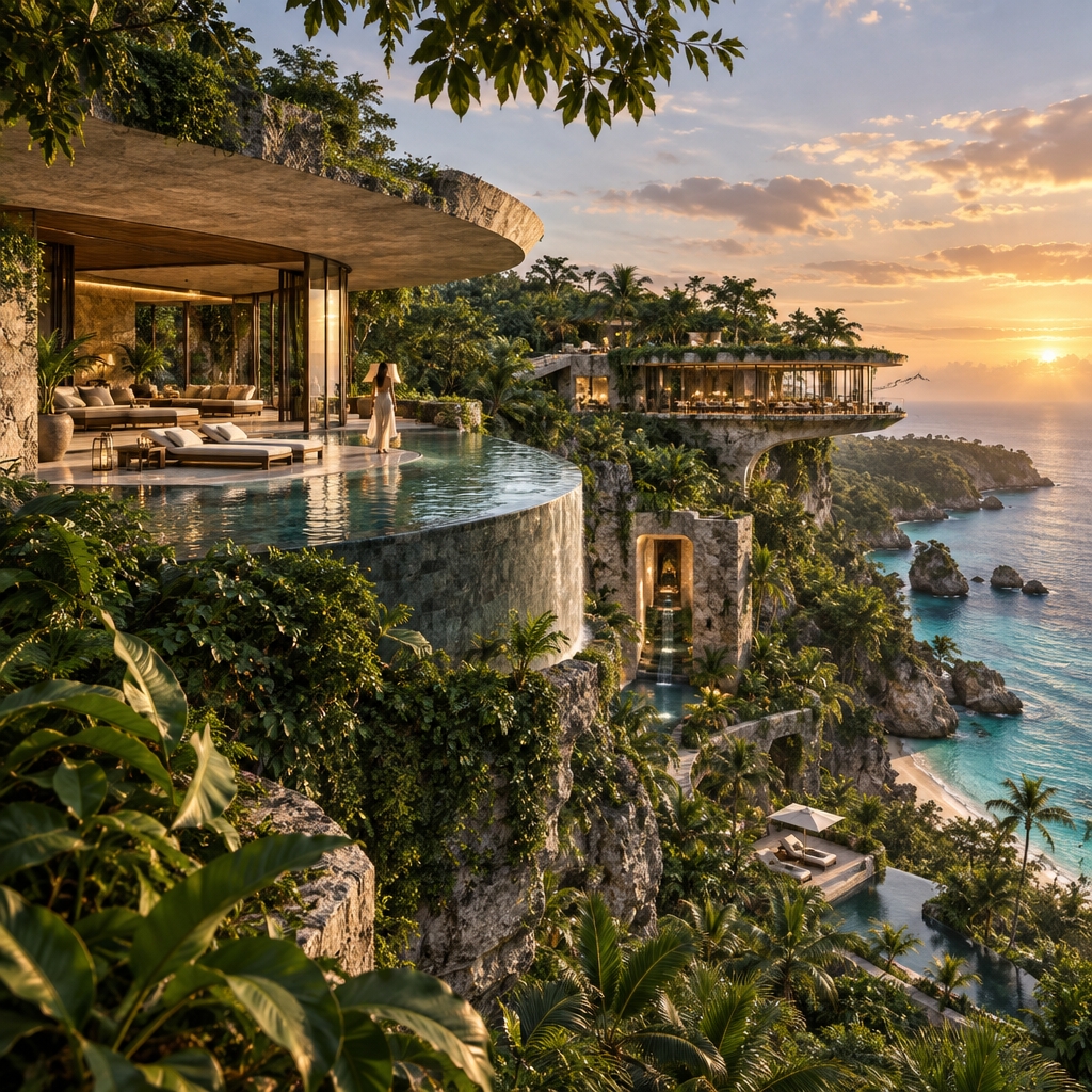 **MASTER ARCHITECTURAL PROMPT**

Create an extraordinary **ultra-luxury Caribbean hospitality and branded residences destination**, conceived as a new architectural language for tropical wellness living.

The project is located where **dense tropical rainforest meets the Caribbean coastline**, on a dramatic island landscape with lush jungle, mature palms, native vegetation, natural rock formations, and uninterrupted views toward the turquoise sea.

The architectural concept is based on the **symbiosis between forest and ocean**. Architecture should not sit on the landscape as a conventional resort; it should appear to **emerge from, weave through, and inhabit the terrain**, creating a seamless transition between jungle, architecture and coast.

Avoid the conventional Caribbean resort vocabulary: **no generic tropical villas, no colonial architecture, no Mediterranean resort aesthetic, no repetitive hotel blocks, no obvious Balinese resort clichés, no conventional pitched roofs, no oversized monumental entrances.**

Instead, create an **eclectic, sculptural and highly sophisticated architectural composition** with unexpected geometries, fragmented volumes, suspended structures, dramatic cantilevers, organic forms, courtyards carved into the terrain, elevated walkways through the jungle, hidden terraces, water gardens, reflective pools and architecture partially disappearing into the vegetation.

The architecture should feel **timeless but radically contemporary**, combining refined minimalism with sensual organic forms.

Use references to the **quiet luxury, craftsmanship, material richness, privacy and architectural restraint associated with Rosewood and Aman**, but **do not copy any existing property, recognizable building, logo, architectural signature or design language**. The result must feel completely original and more eclectic.

### PROGRAM

The development combines:

* Ultra-luxury boutique hotel
* Branded residences
* Private villas
* Wellness and longevity retreat
* World-class spa
* Holistic wellness facilities
* Meditation gardens
* Yoga platforms hidden within the jungle
* Thermal circuits
* Hydrotherapy
* Fitness and movement spaces
* Fine dining restaurant
* Organic farm-to-table cuisine
* Beach club
* Infinity pools
* Private beach experiences
* Sunset terraces
* Outdoor treatment pavilions
* Private gardens
* Forest trails
* Water features
* Arrival pavilion
* Private residential gardens
* Underground or discreet service infrastructure

The project should feel **low-density, extremely private and exclusive**, with generous distances between buildings.

### ARCHITECTURAL LANGUAGE

Create a sophisticated dialogue between:

**Organic + geometric
Heavy + light
Stone + glass
Earth + water
Forest + ocean
Shadow + sunlight
Primitive + futuristic
Monolithic + floating**

Use a carefully curated palette of:

local natural stone, volcanic stone, travertine, limestone, textured stucco, rammed earth, dark timber, natural hardwood, bronze, aged metal, patinated brass, large frameless glass panels and subtly reflective surfaces.

Architecture should contain moments of **monolithic mass and moments of extreme transparency**.

Some structures should feel carved directly from stone.

Others should appear to float above the jungle.

Others should disappear beneath vegetation.

Create dramatic transitions between **compressed intimate spaces and expansive panoramic spaces**.

### LANDSCAPE

Landscape architecture is equally important as the buildings.

Preserve the existing tropical ecosystem.

Dense native Caribbean vegetation should grow around and through the architecture.

Use palms sparingly and elegantly rather than creating stereotypical rows of coconut trees.

Include tropical forest, giant leaves, vines, orchids, ferns, moss, native trees, natural rocks, water channels and shallow reflecting pools.

Create a landscape that feels **wild, mature and untouched**, not artificially landscaped.

Architecture and landscape should become almost indistinguishable from one another.

### WELLNESS EXPERIENCE

Wellness is not an amenity; it is the **central philosophy of the development**.

Design spaces that encourage:

silence, contemplation, movement, meditation, connection with nature, privacy, natural ventilation, daylight, circadian rhythms, thermal experiences, water therapy and sensory immersion.

Create architectural moments where guests can experience:

**forest → water → architecture → ocean → sky**

in a continuous sequence.

The project should communicate **longevity, wellbeing, serenity, privacy and a profound connection with nature**.

### ICONIC ARCHITECTURAL MOMENT

Create one highly recognizable architectural gesture that could become the visual identity of the entire destination.

It could be:

a dramatic cantilever over the jungle,

a sculptural floating pavilion,

a monumental stone-and-water structure,

a curved architectural bridge,

a series of interconnected terraces descending toward the sea,

or an unexpected organic structure emerging from the landscape.

It must be **photogenic, instantly recognizable and impossible to confuse with a conventional Caribbean resort**.

The architecture should have the potential to become an **international architectural landmark**, while remaining understated and sophisticated.

### ATMOSPHERE

The overall feeling should be:

**quiet luxury
tropical sophistication
architectural mystery
wellness
privacy
sensuality
nature
craftsmanship
exclusivity
timelessness**

Not flashy luxury.

Not ostentatious luxury.

Instead, create the feeling of **wealth expressed through space, materiality, craftsmanship, privacy and extraordinary architecture**.

### CINEMATIC RENDER

Ultra-photorealistic architectural visualization, cinematic composition, sophisticated architectural photography, realistic tropical atmosphere, dramatic Caribbean sunlight, deep shadows, warm natural materials, subtle reflections, realistic vegetation, atmospheric perspective, natural weathering, human scale.

Show a small number of elegantly dressed guests to communicate scale and exclusivity.

No crowds.

No exaggerated resort activity.

The architecture must remain the protagonist.

**Architectural photography comparable to a world-class international architecture magazine, combined with the emotional atmosphere of an ultra-luxury hospitality campaign.**

8K, photorealistic, physically based materials, realistic global illumination, natural shadows, sophisticated color grading, extremely detailed materials, realistic vegetation, cinematic depth, wide-angle architectural photography.

**Design principle:**

> **The destination should feel less like a resort placed in the Caribbean and more like a secret architectural world discovered inside the Caribbean landscape.**